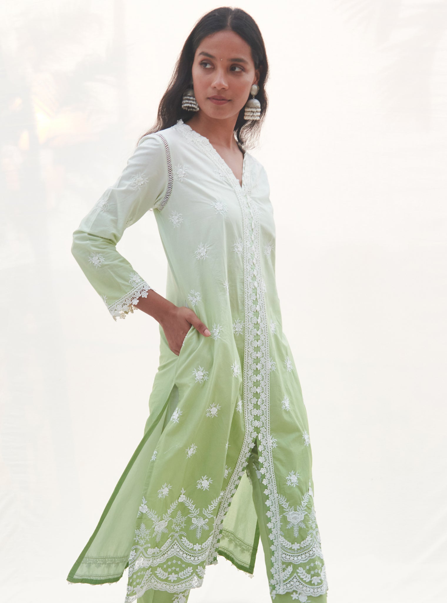 Mulmul Cotton Paliem Green Kurta With Paliem Green Pant