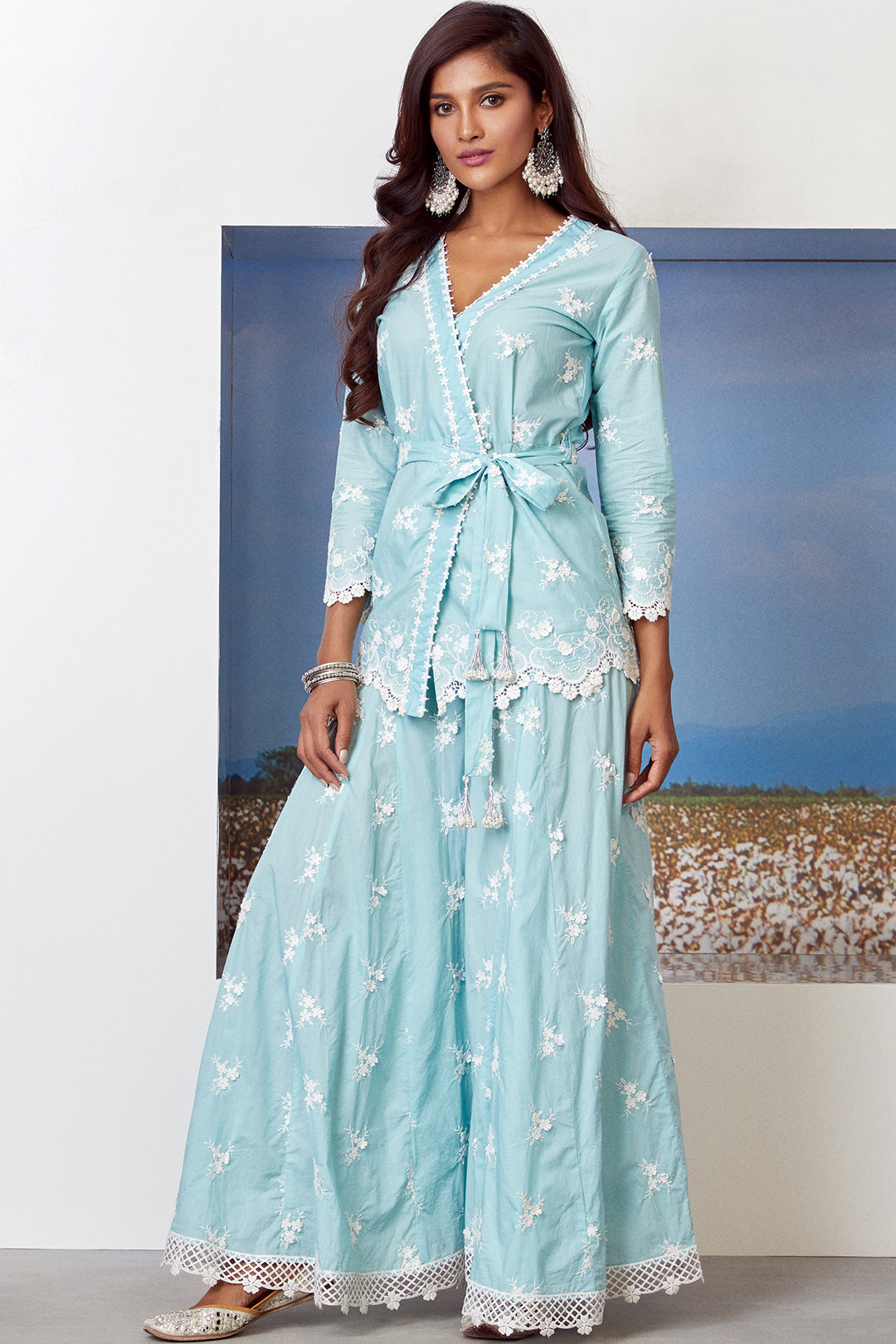 Mulmul Cotton Pearl Star Turquoise Kurta With Pearl Star Turquoise Sharara