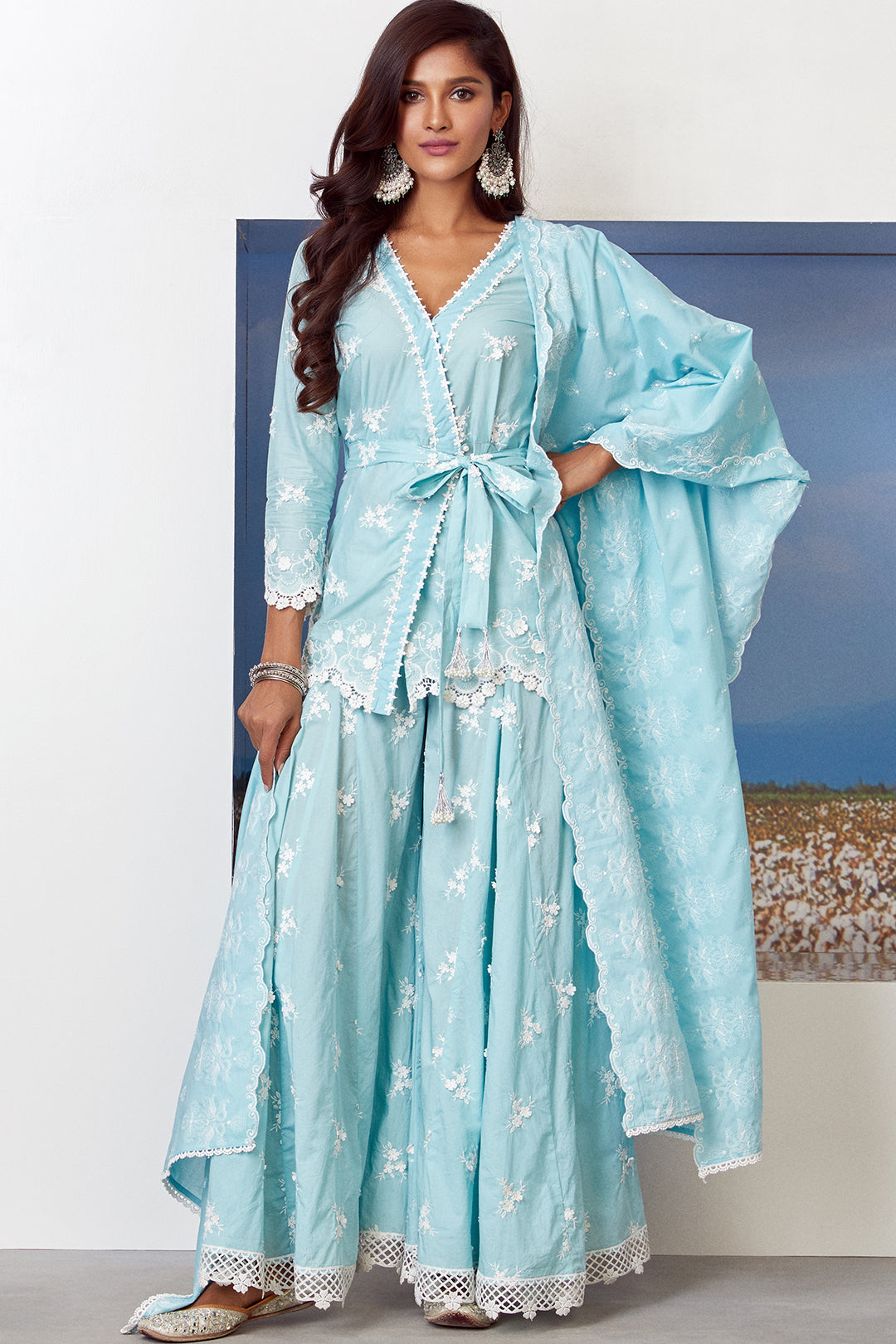 Mulmul Cotton Pearl Star Turquoise Kurta With Pearl Star Turquoise Sharara