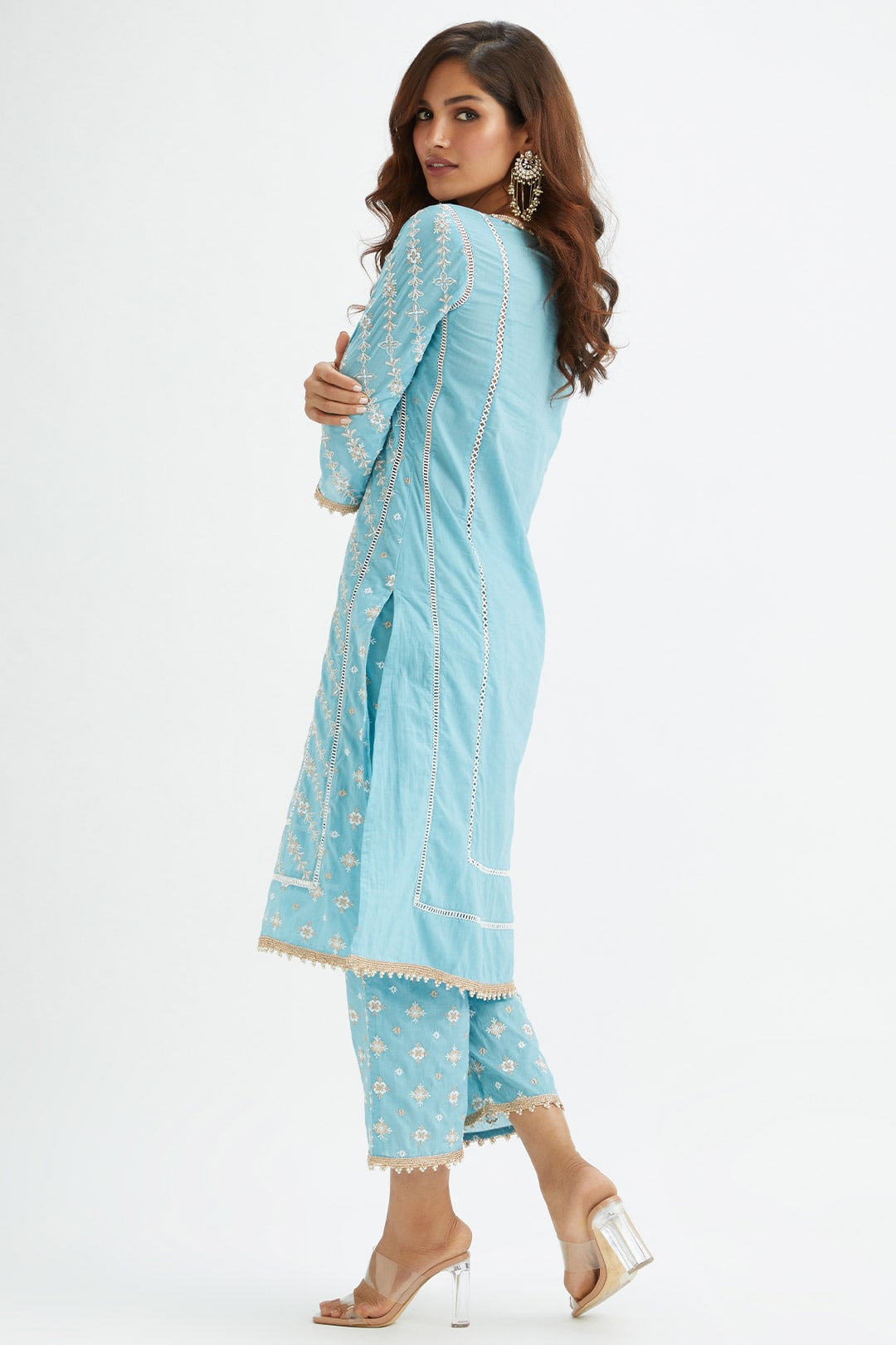 Mulmul Cotton Pelican Blue Kurta With Pelican Blue Pyajama