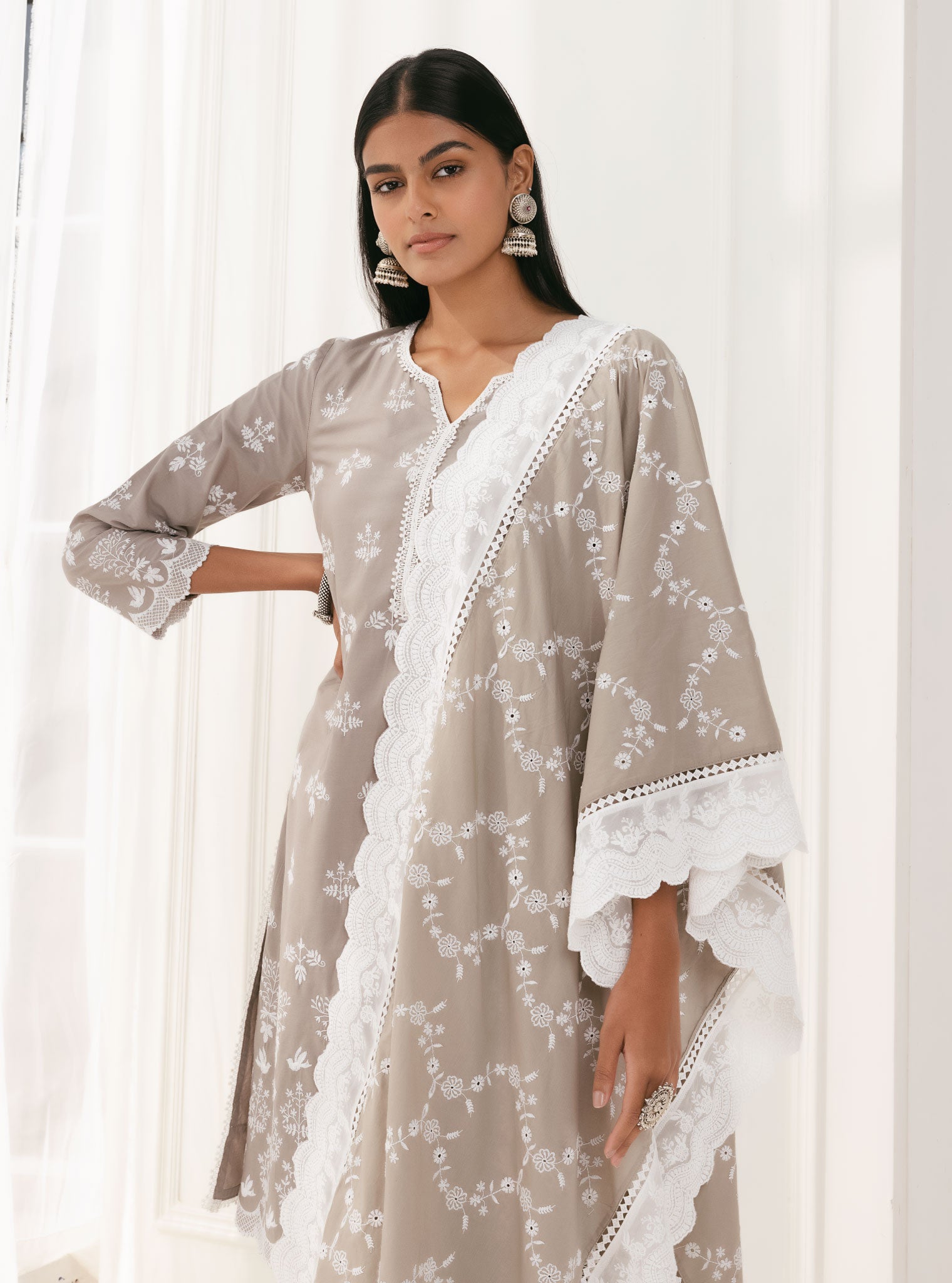 Mulmul Cotton Prini Grey Kurta With Prini Grey Palazzo