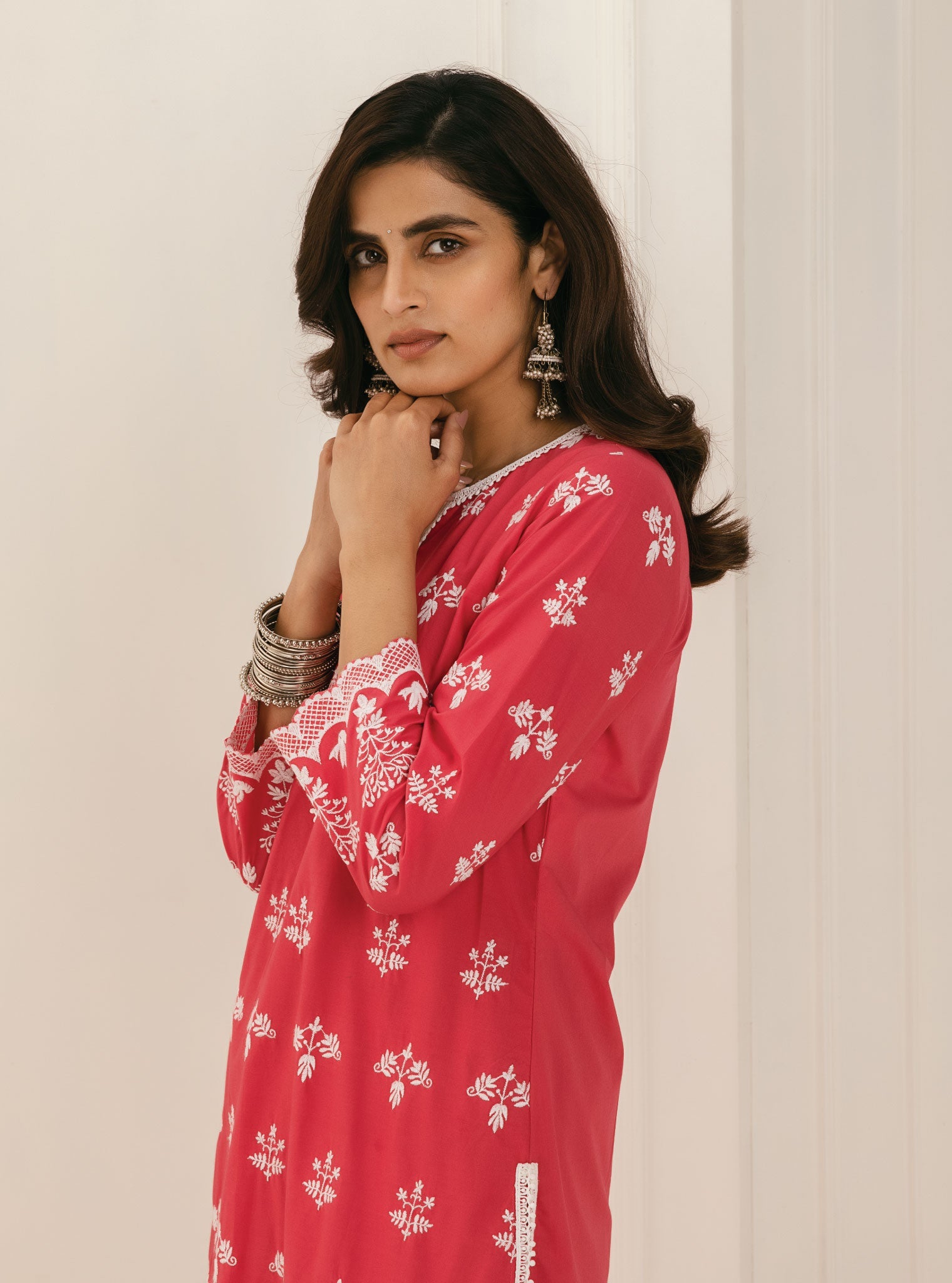 Mulmul Cotton Prini Red Kurta With Prini Red Palazzo