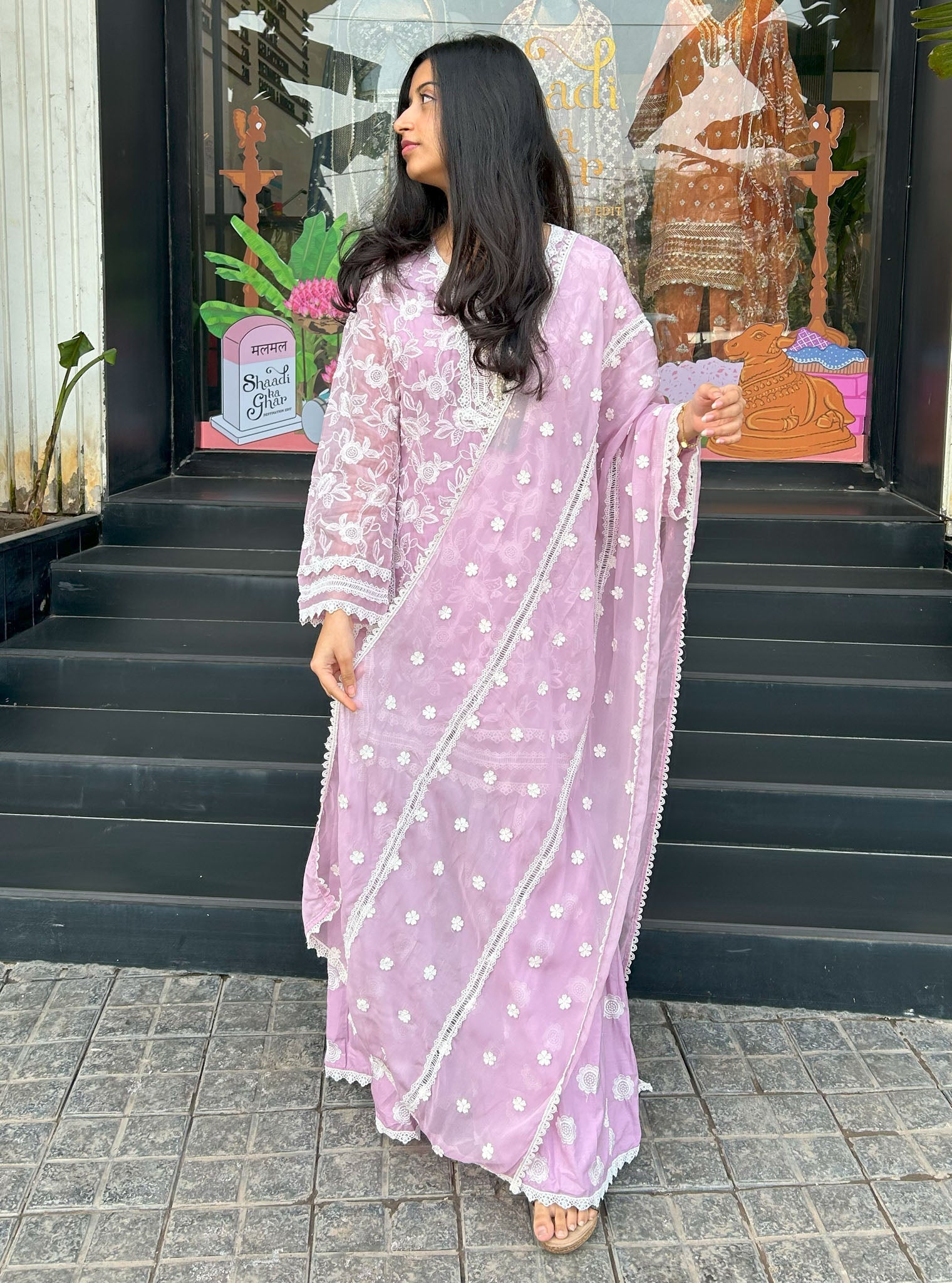 Mulmul Cotton Lyella Lilac Kurta with Mulmul Cotton Lyella Lilac Garara