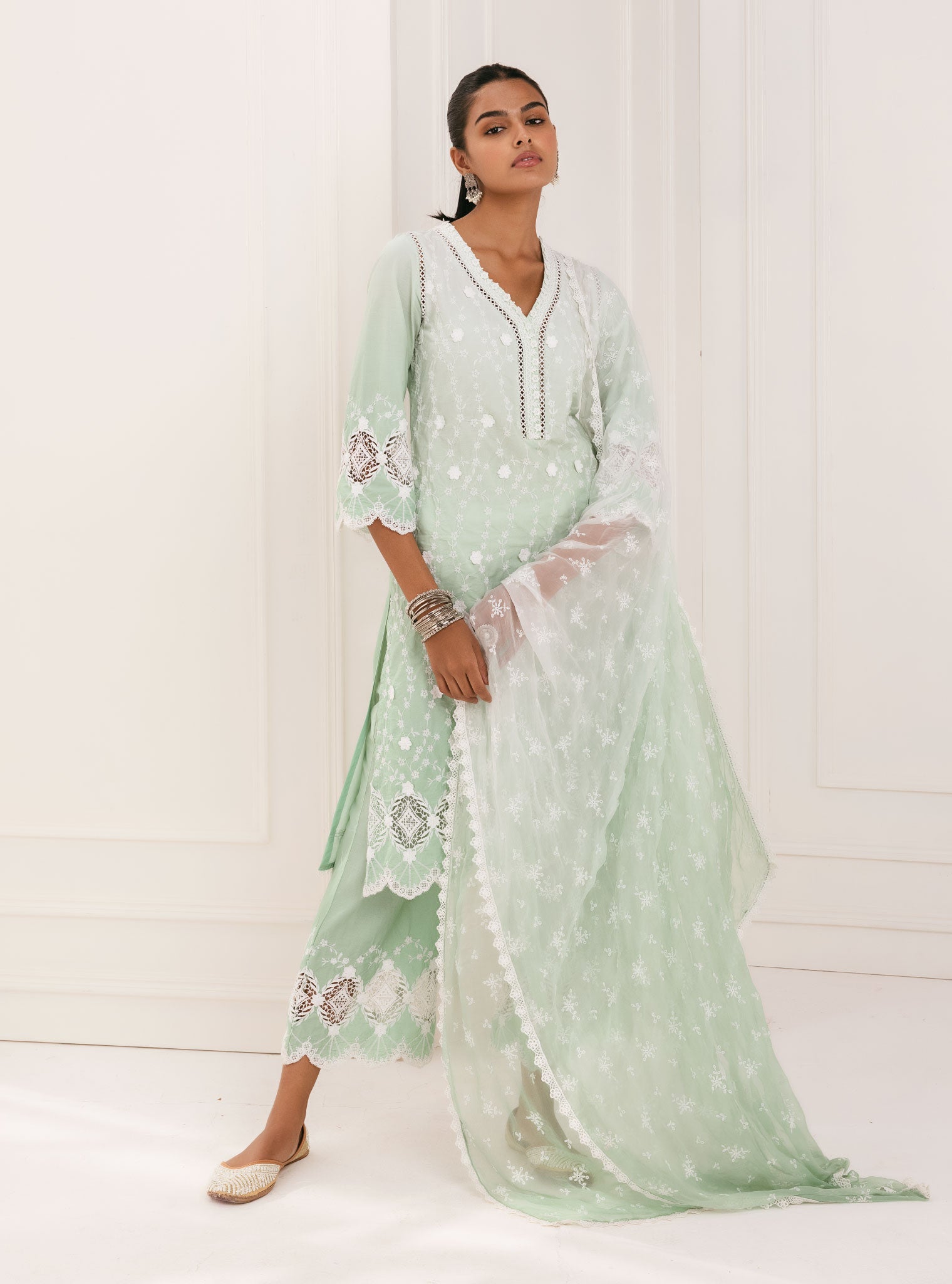 Mulmul Cotton Purna Green Kurta With Purna Green Palazzo