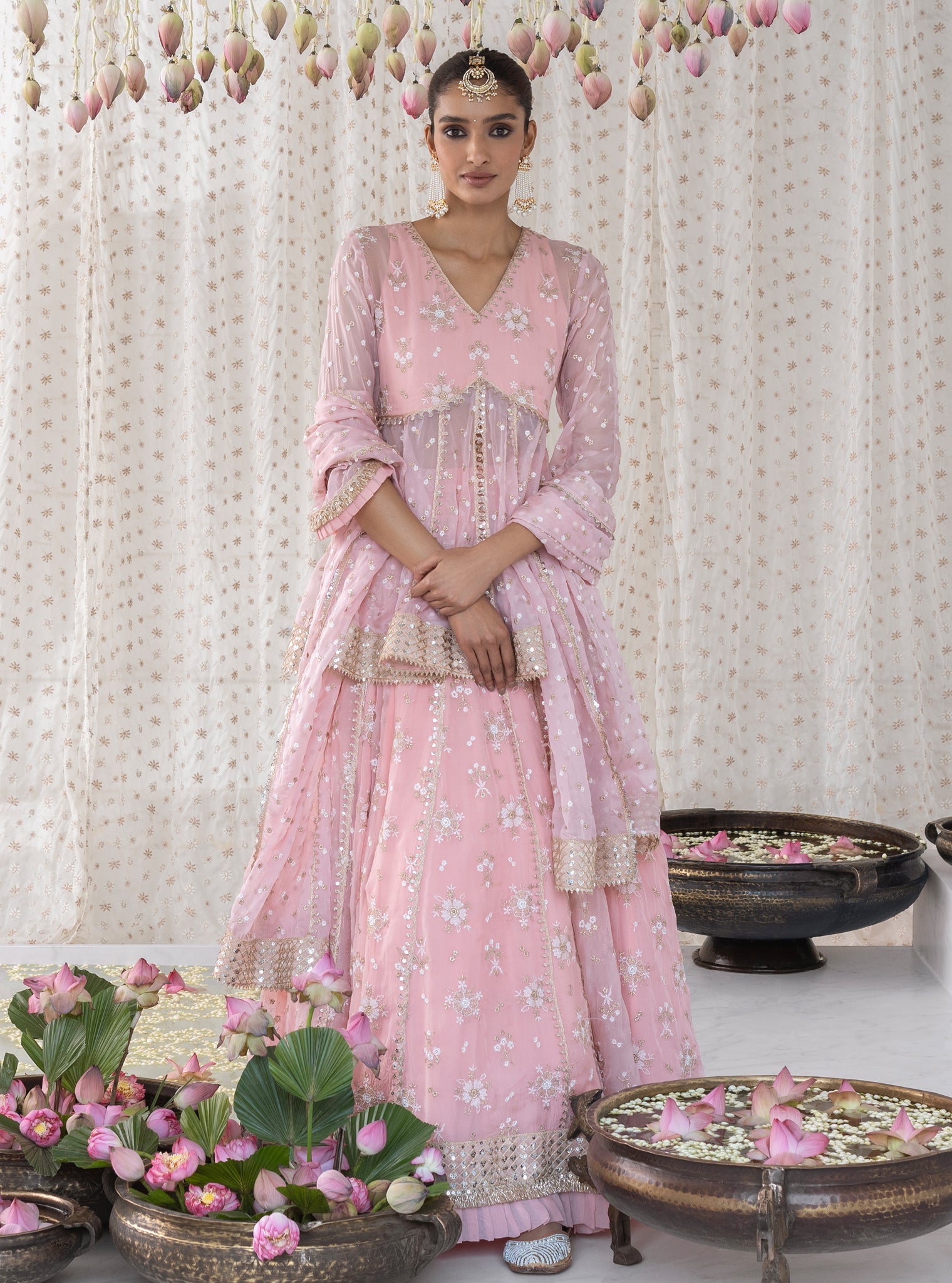 Mulmul Organza Rajnigandha Short Anarkali Pink Kurta With Mulmul Organza Rajnigandha Pink Lehenga