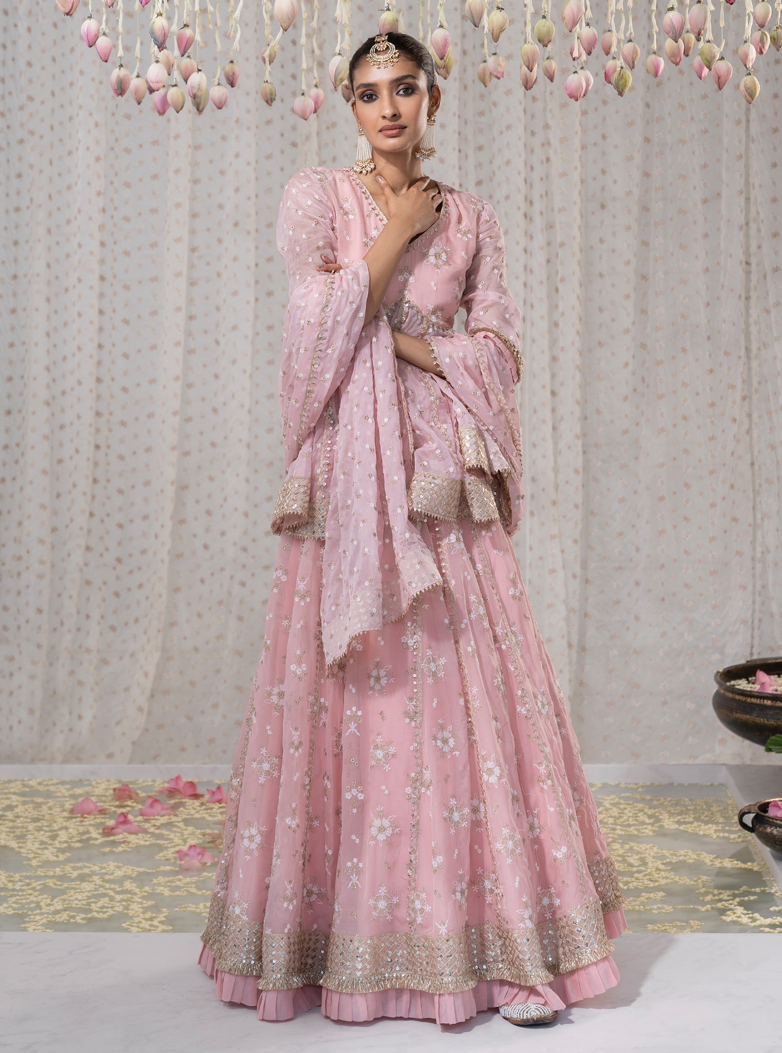 Mulmul Organza Rajnigandha Short Anarkali Pink Kurta With Mulmul Organza Rajnigandha Pink Lehenga