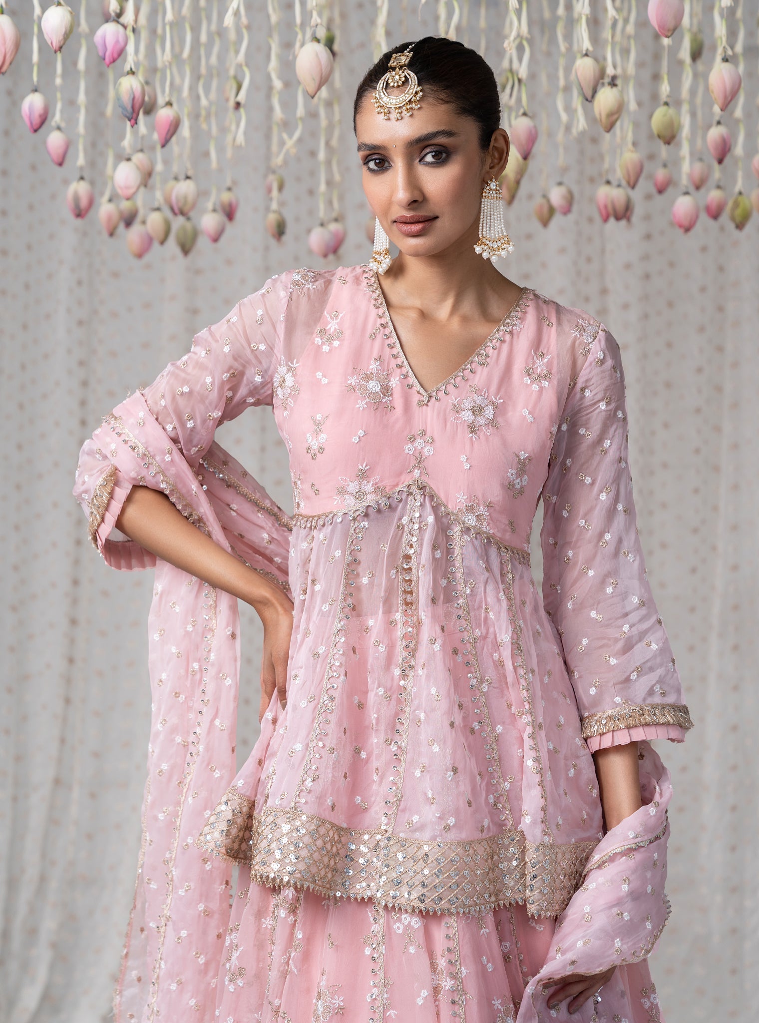 Mulmul Organza Rajnigandha Short Anarkali Pink Kurta With Mulmul Organza Rajnigandha Pink Lehenga