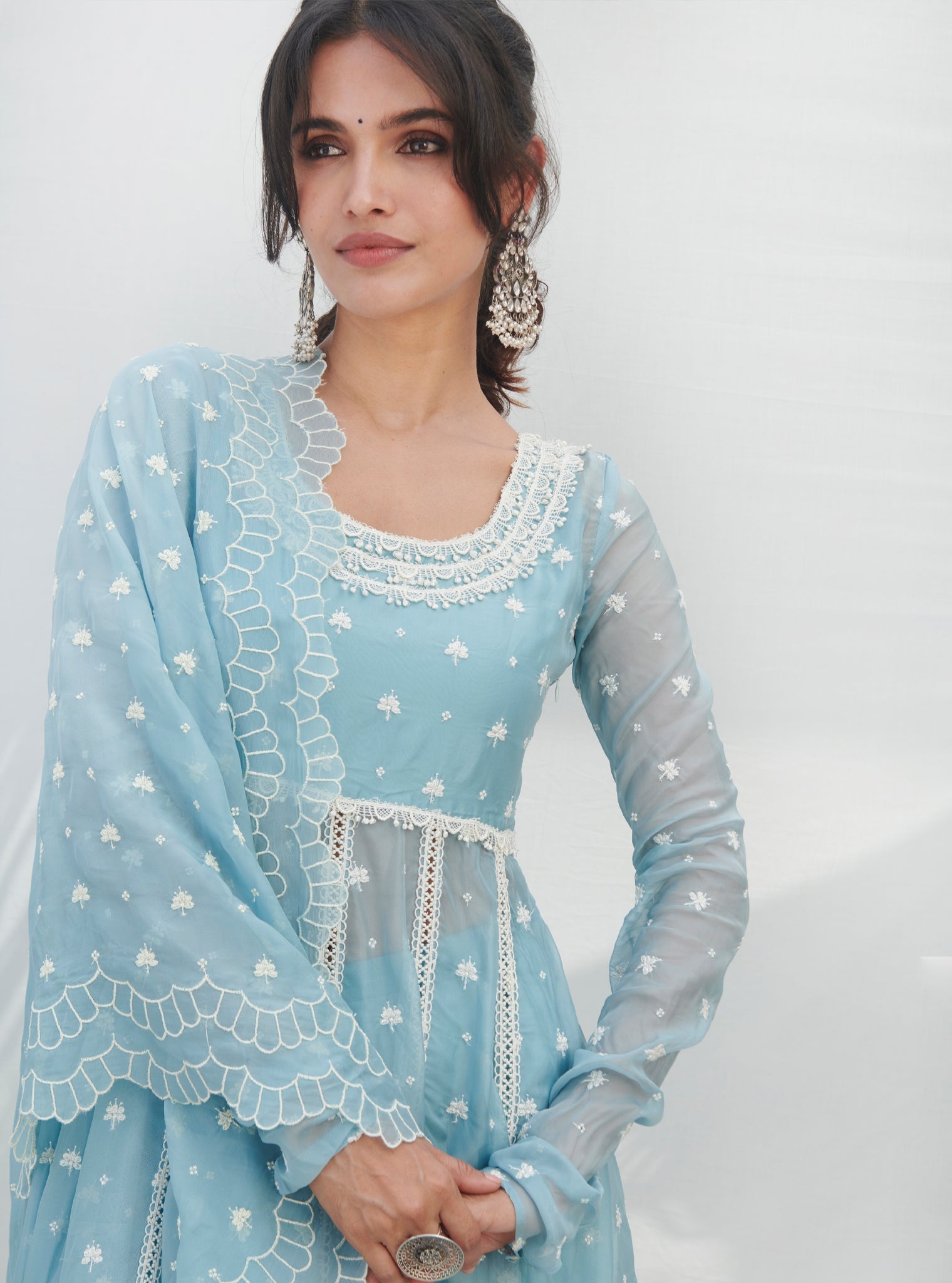 Mulmul Organza Anarkali Raia Blue Kurta With Mulmul Cotton Raia Blue Pant