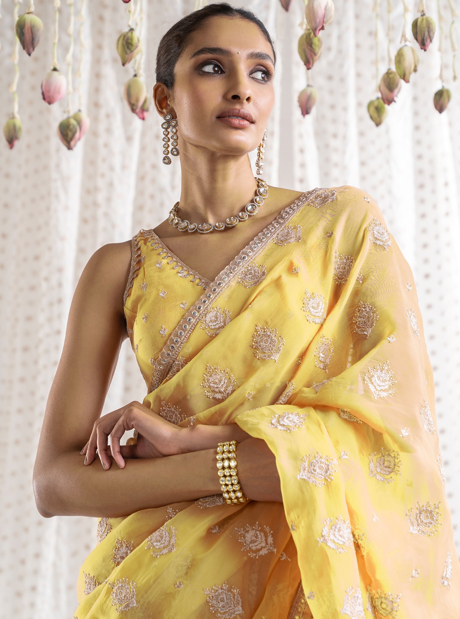 Mulmul Organza Savani Yellow Saree