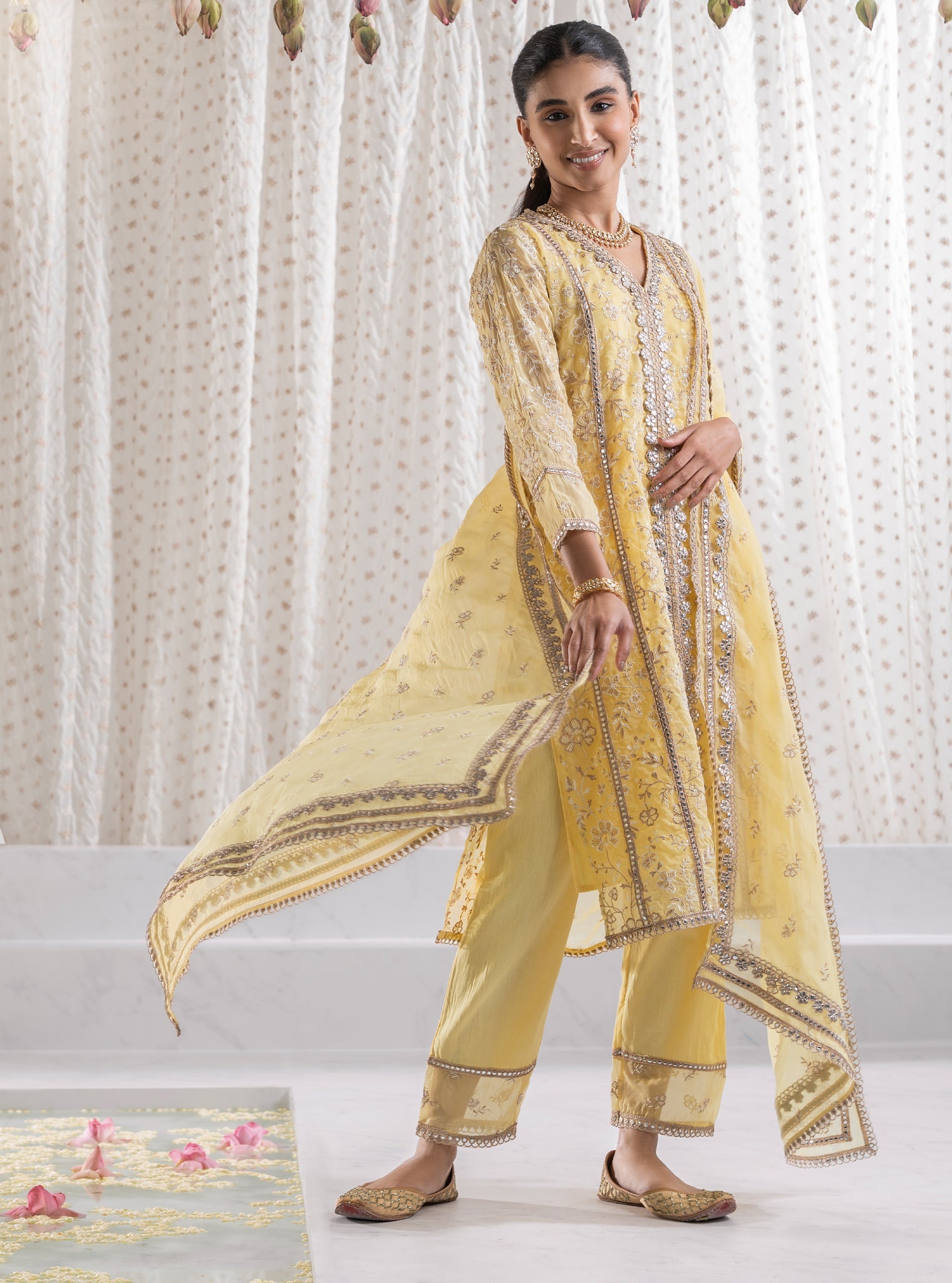 Mulmul Organza Sawariya Yellow Kurta With  Mulmul Pima Sawariya Yellow Pant