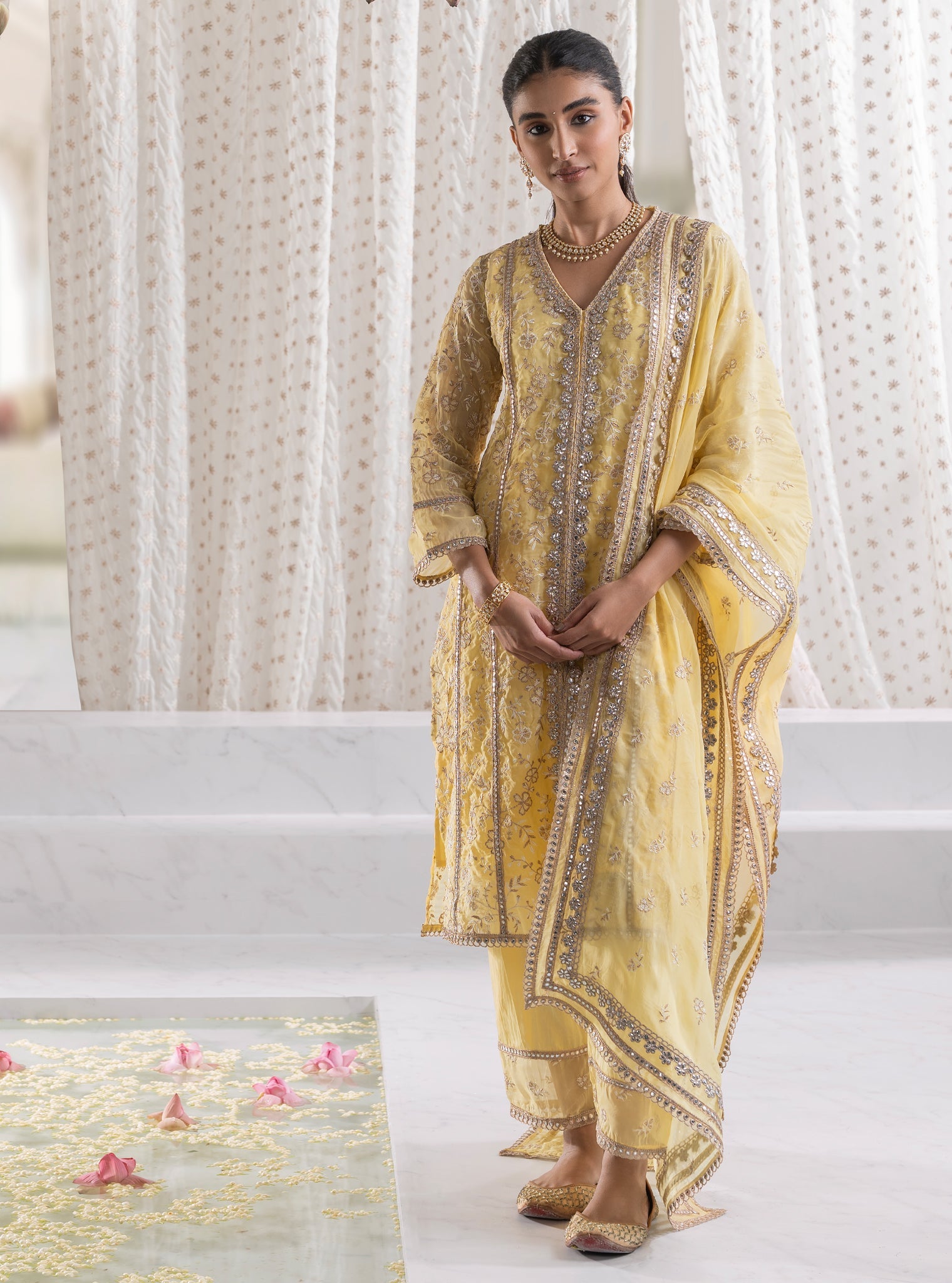 Mulmul Organza Sawariya Yellow Kurta With  Mulmul Pima Sawariya Yellow Pant