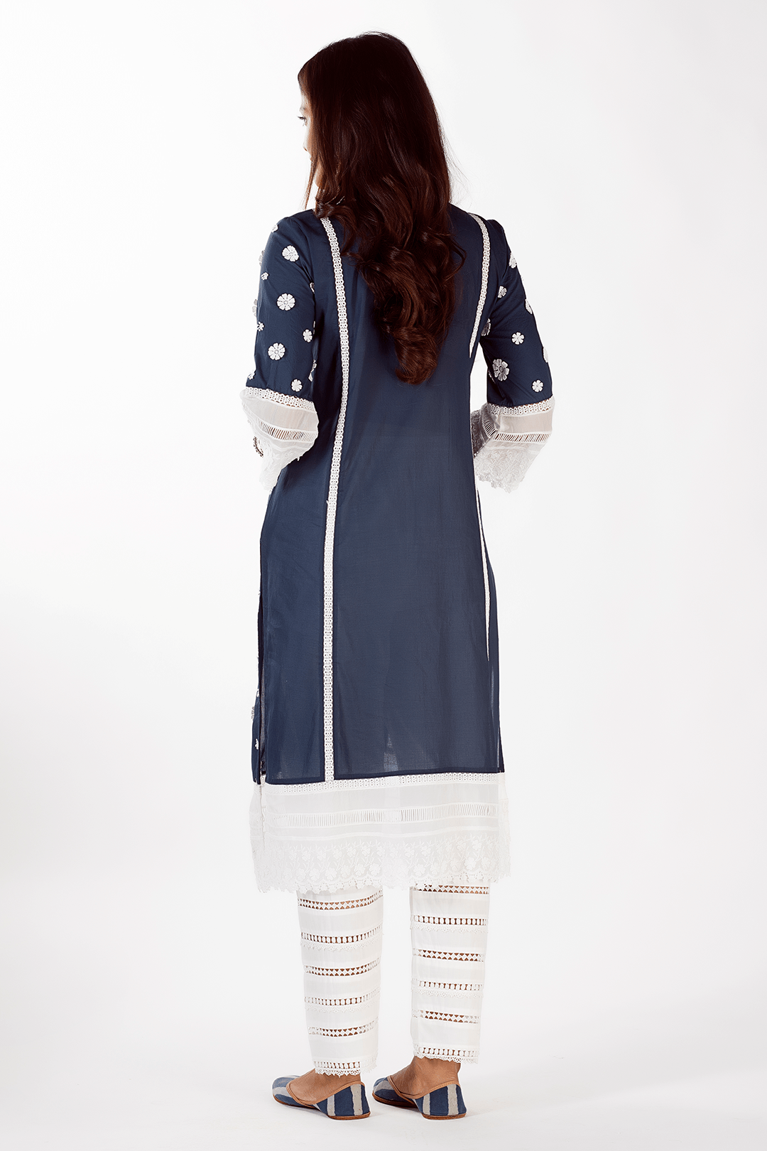 Mulmul Cotton Sadie Navy Kurta With Ladder Lace White Pyajama