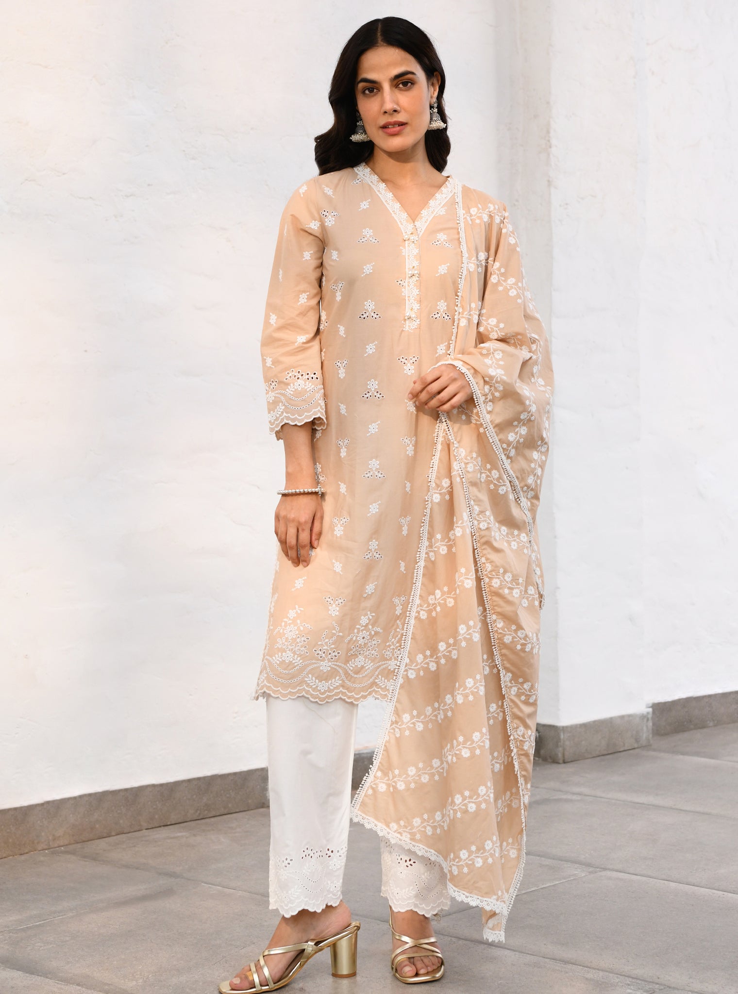 Mulmul Cotton Satari Beige Kurta With Mulmul Cotton Satari White Pant