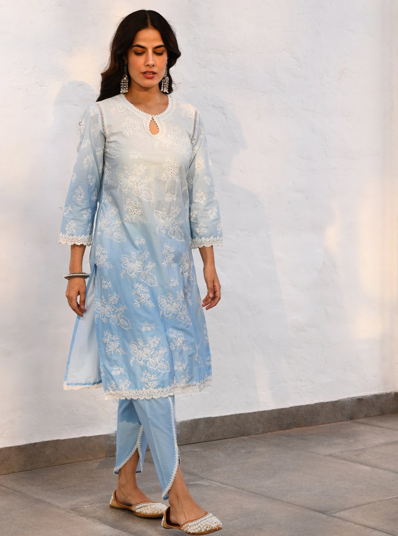 Mulmul Cotton Savri Blue Kurta With Mulmul Cotton Savri Blue Dhoti Pant