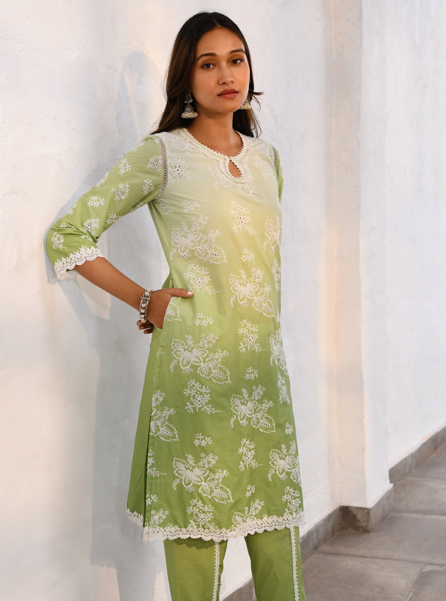 Mulmul Cotton Savri Green Kurta With Mulmul Cotton Savri Green Dhoti Pant