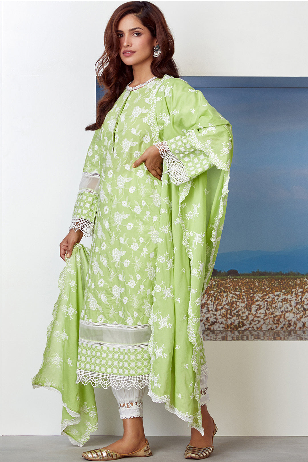 Mulmul Cotton Sonet Lime Green Kurta