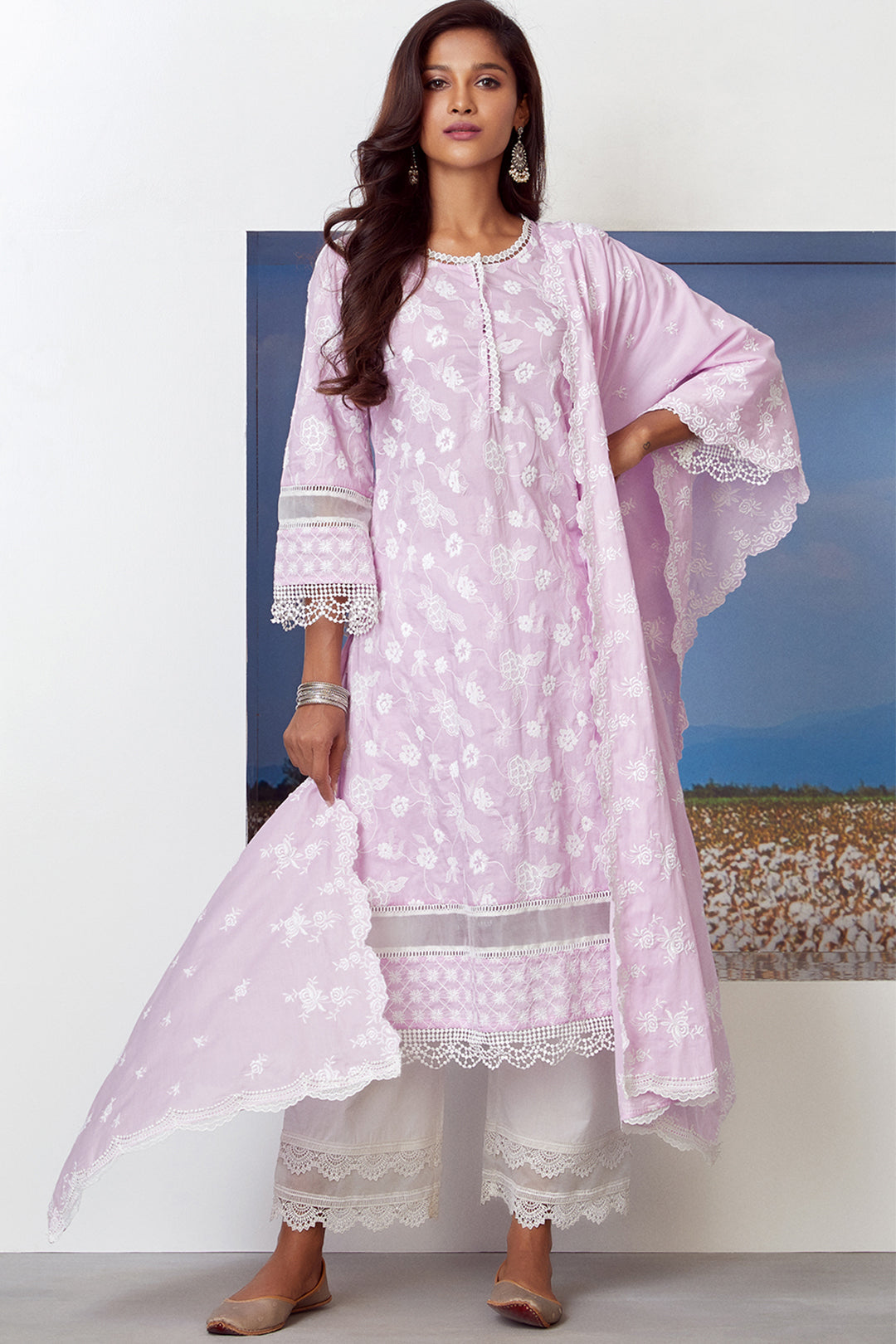 Mulmul Cotton Sonet Lilac Kurta With Two Lace White Palazzo