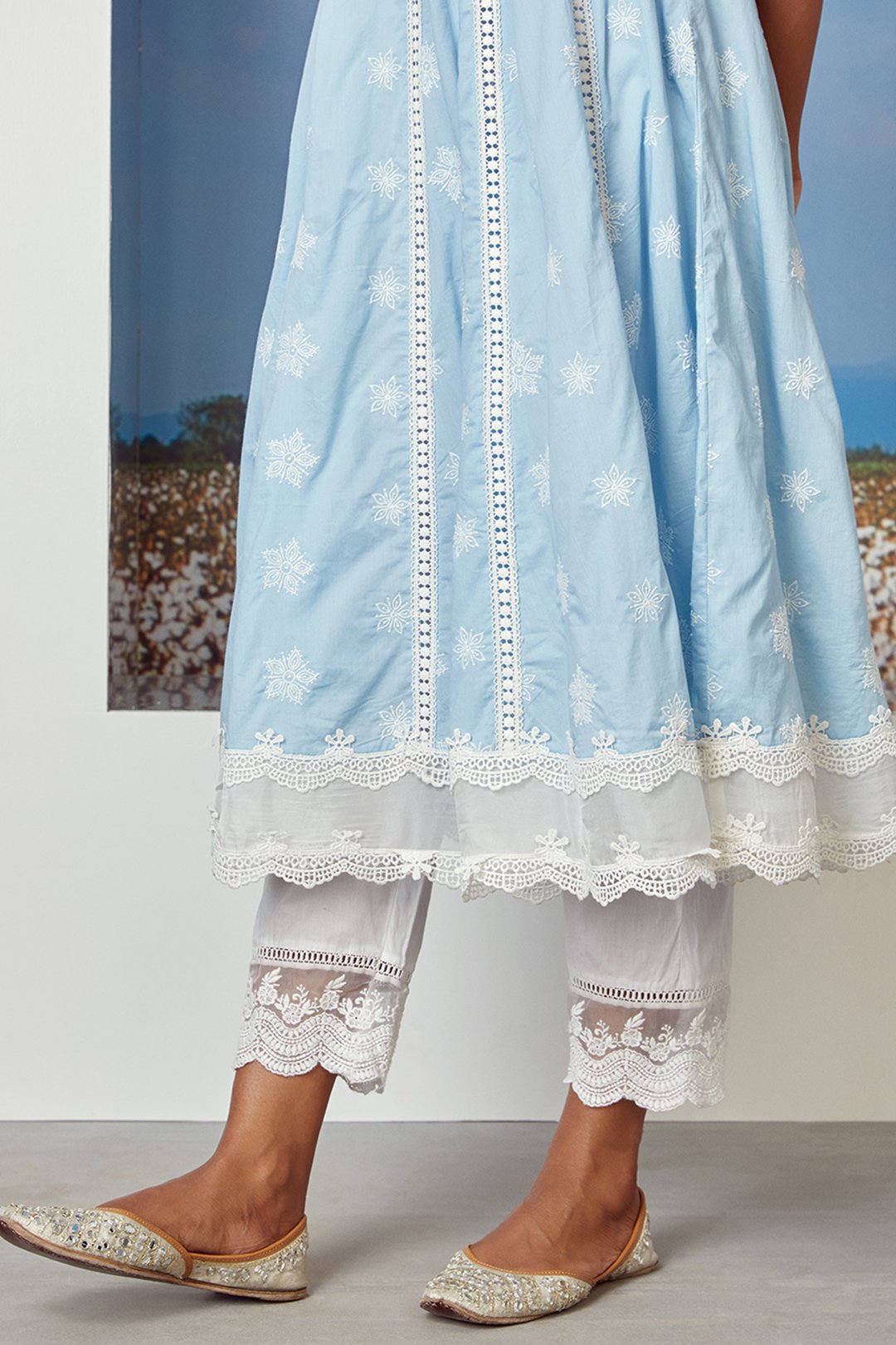 Mulmul Cotton Star Gaze Light Blue Kurta With Floral Organza White Pyajama