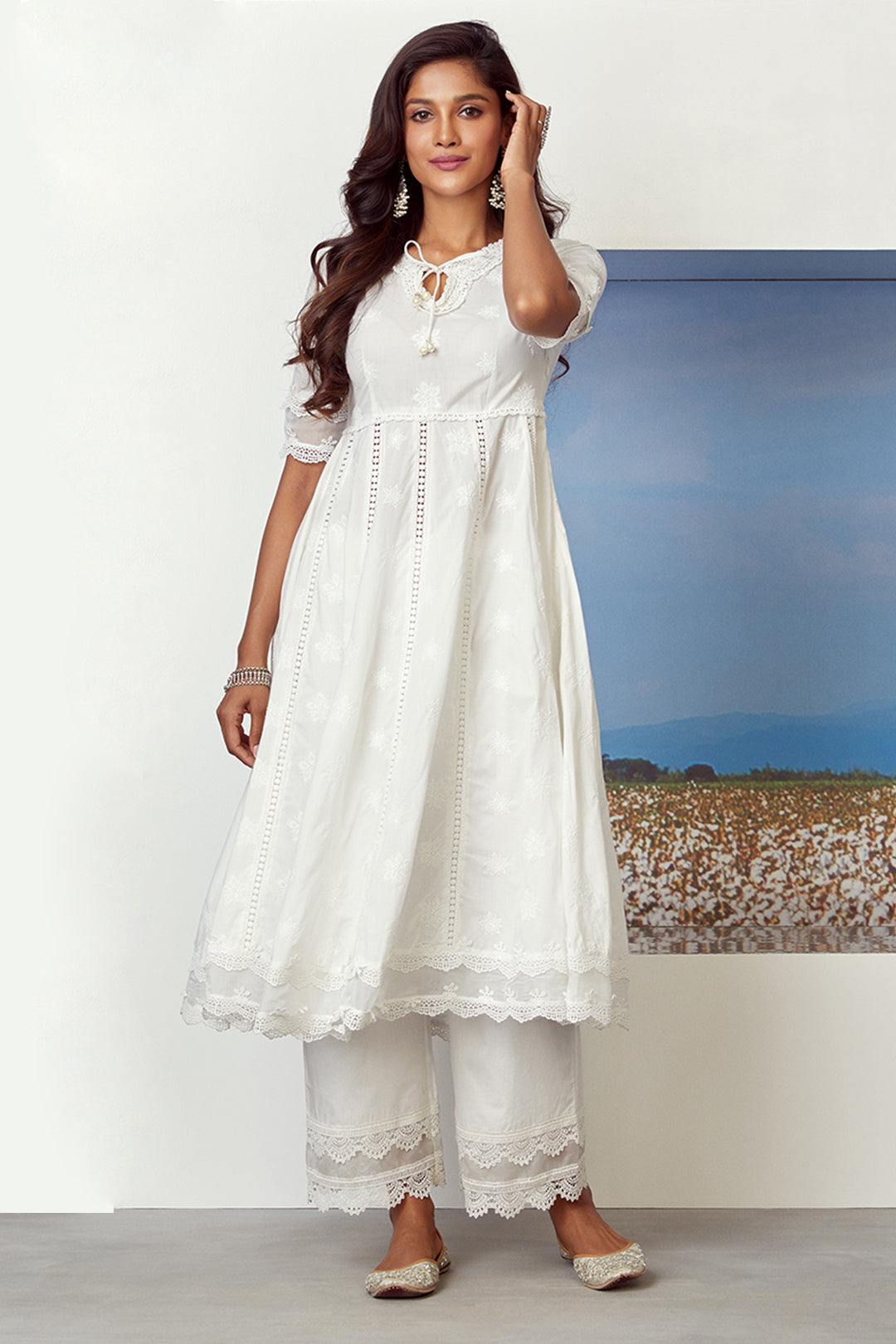 Mulmul Cotton Star Gaze Kurta with Two Lace Palazzo