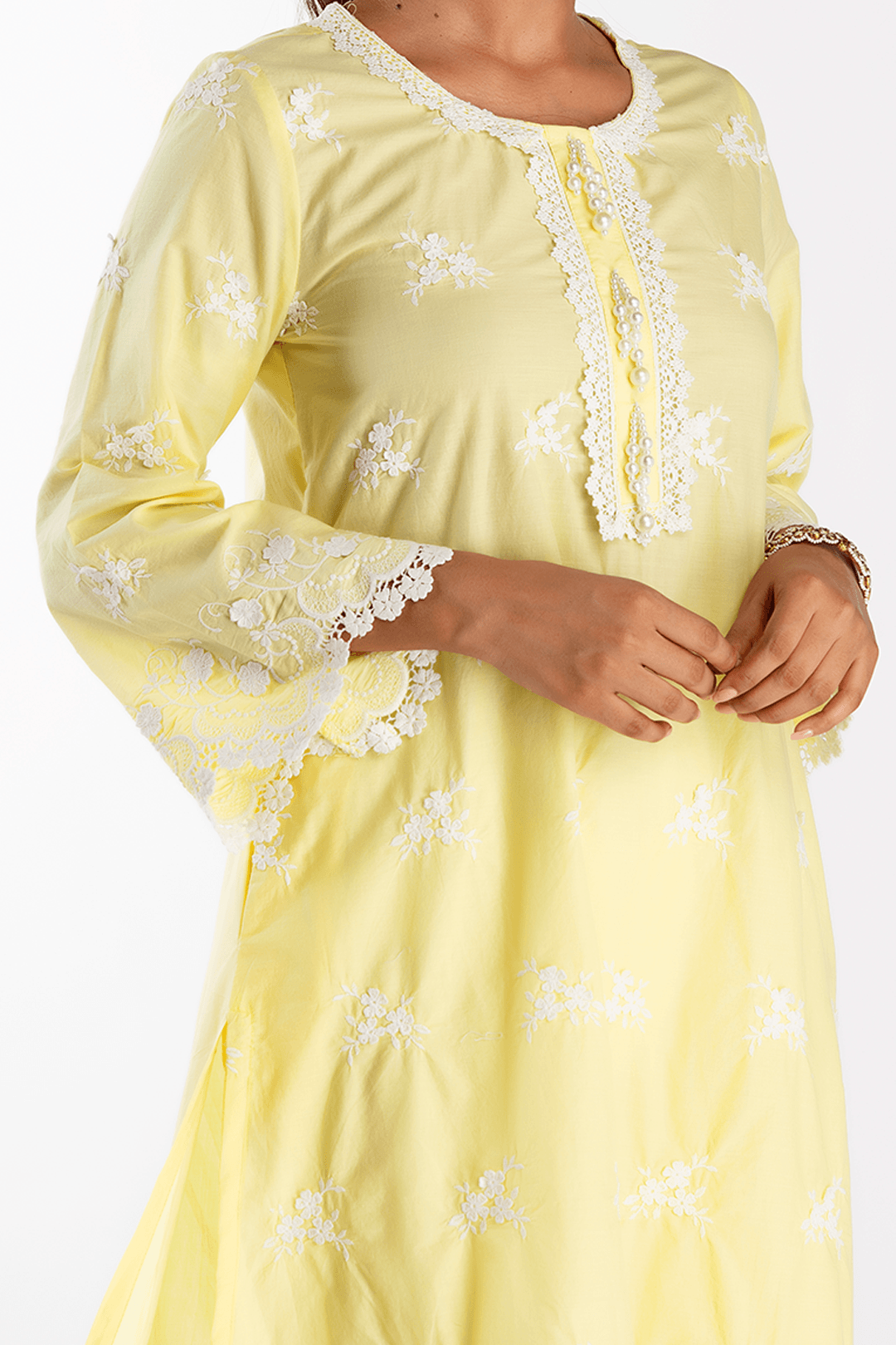 Mulmul Cotton Stella Yellow Kurta With Floral Embroidery White Pant