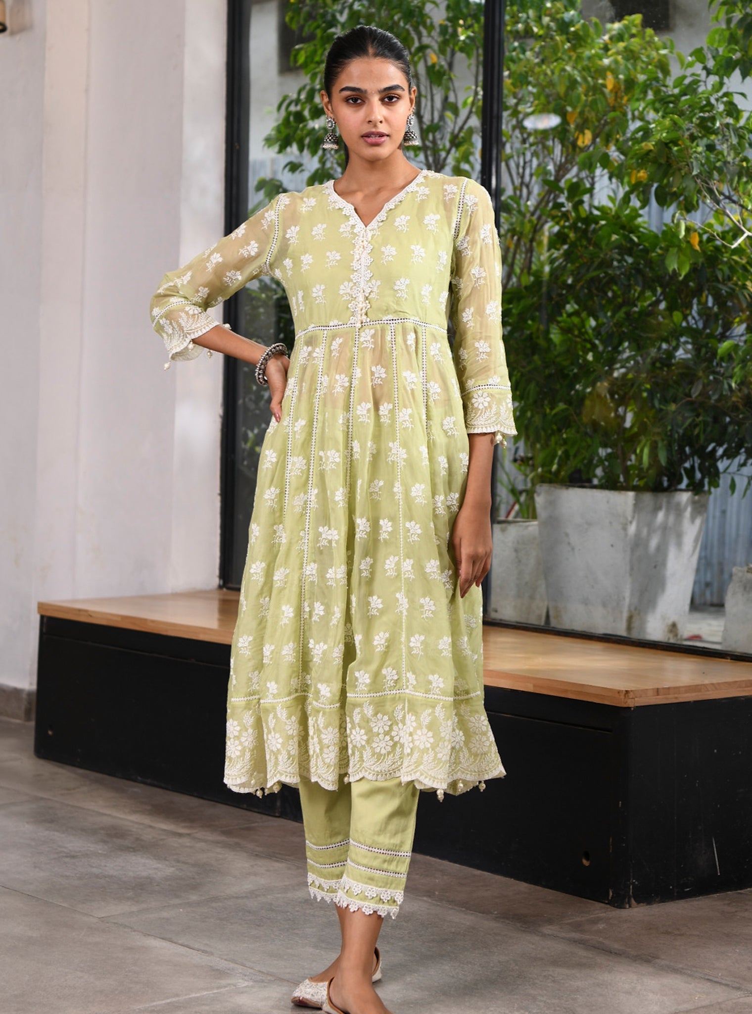 Mulmul Organza Anarkali Surla Green Kurta With Mulmul Cotton Surla Green Pant