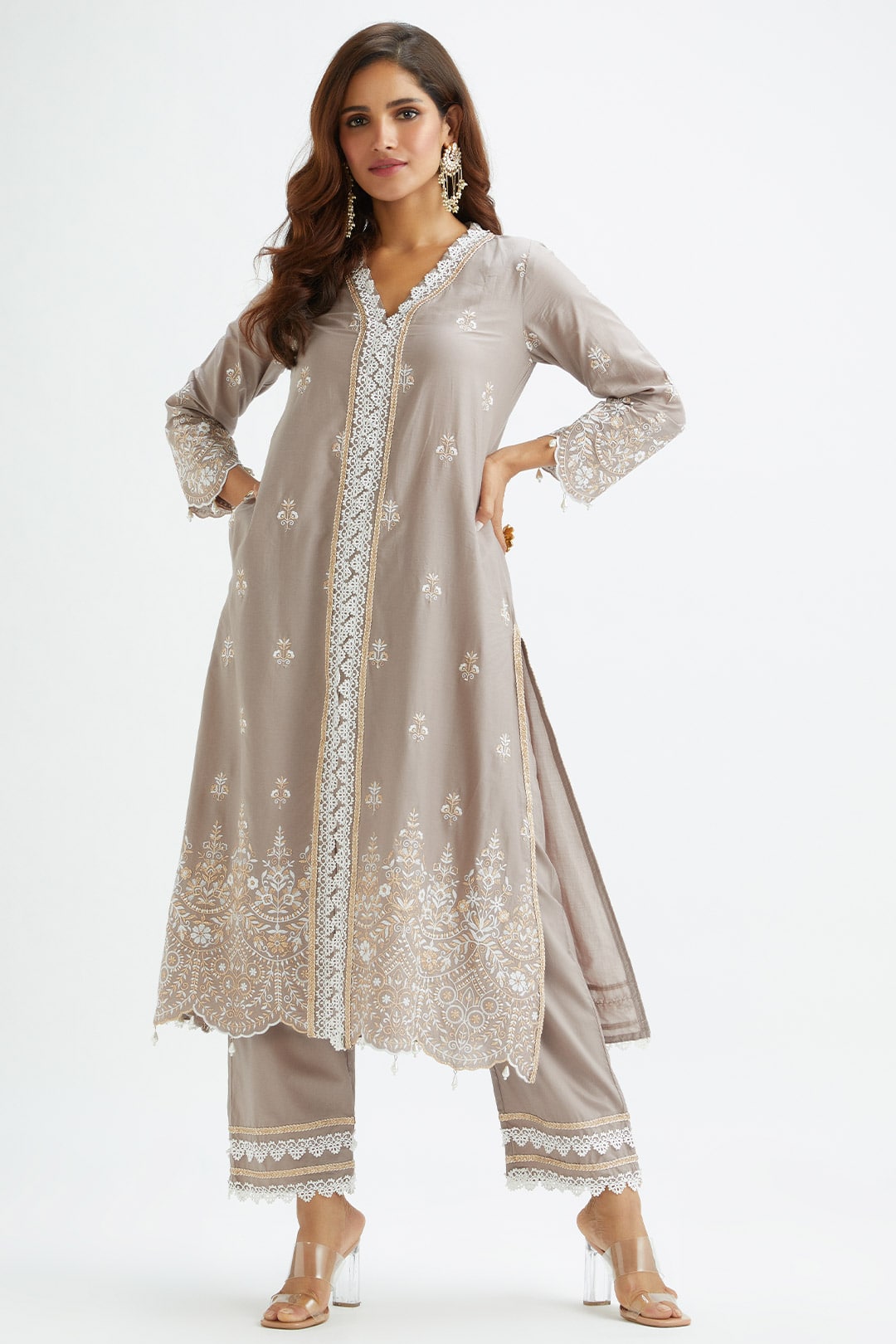 Mulmul Cotton Swan Grey Kurta With Swan Grey Pant