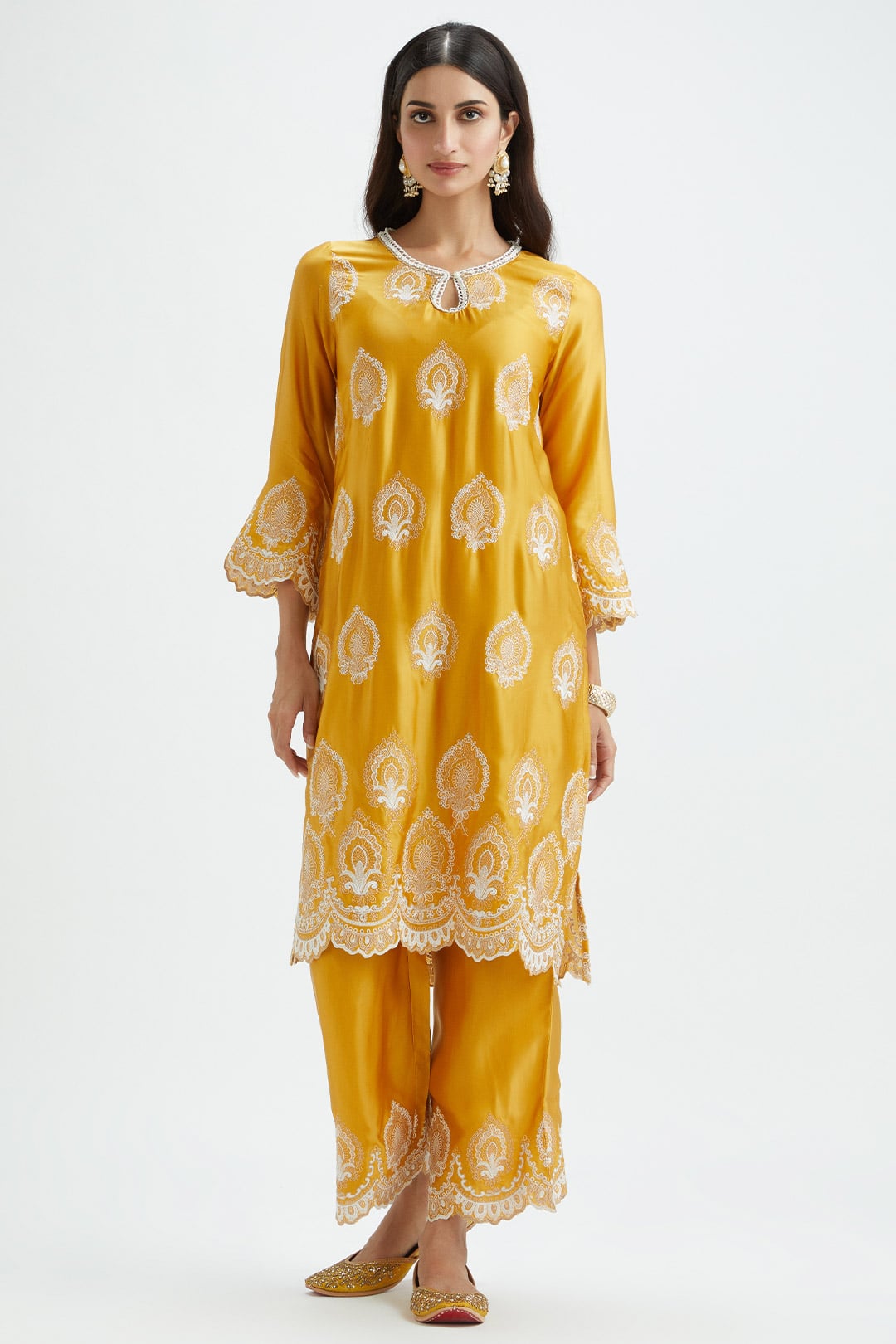 Mulmul Cupro Silk Sydney Mustard Kurta With Sydney Mustard Pant