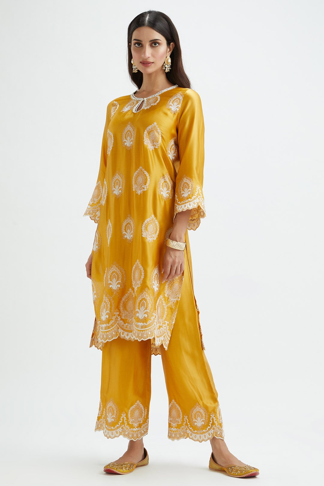 Mulmul Cupro Silk Sydney Mustard Kurta With Sydney Mustard Pant