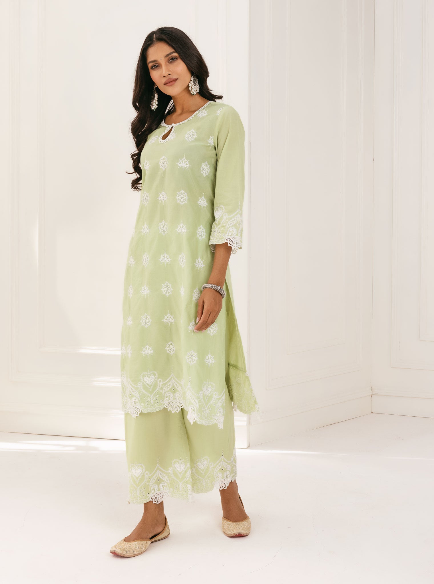 Mulmul Cotton Tia Green Kurta With Tia Green Palazzo