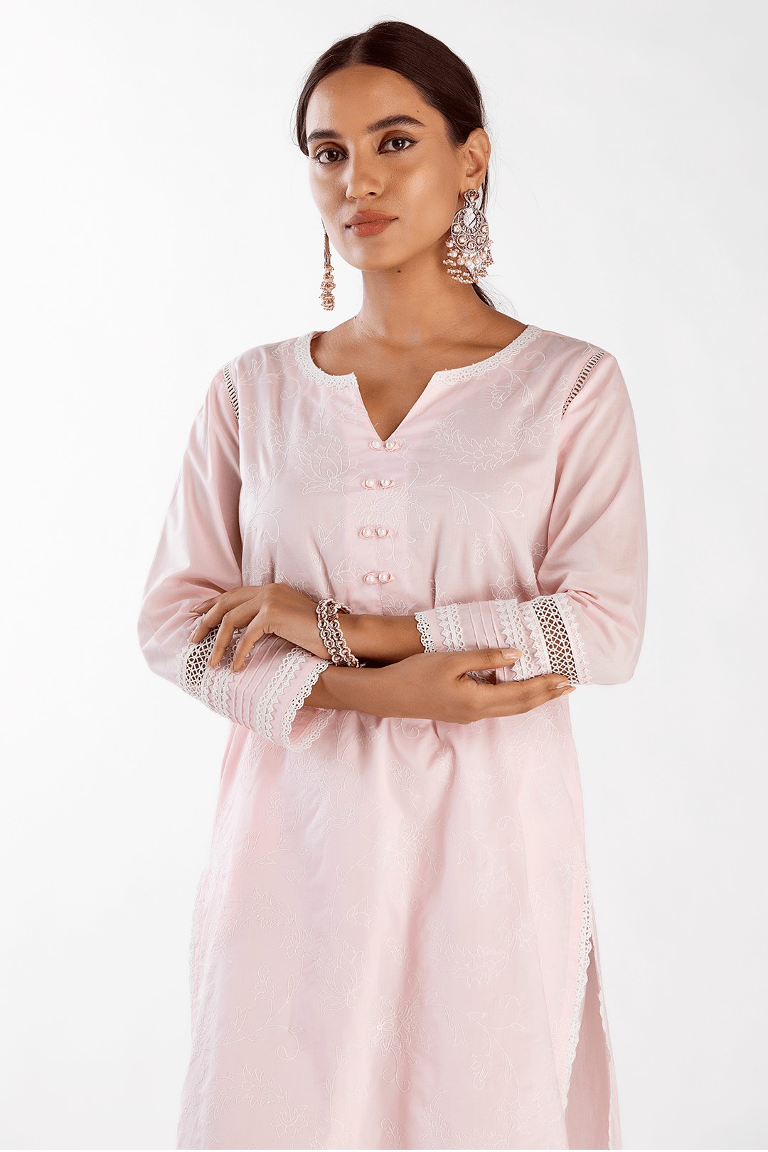 Mulmul Cotton Twilight Pink Kurta With Floral Organza White Pant