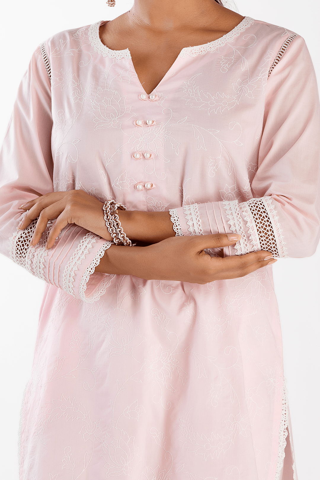 Mulmul Cotton Twilight Pink Kurta With Floral Organza White Pant