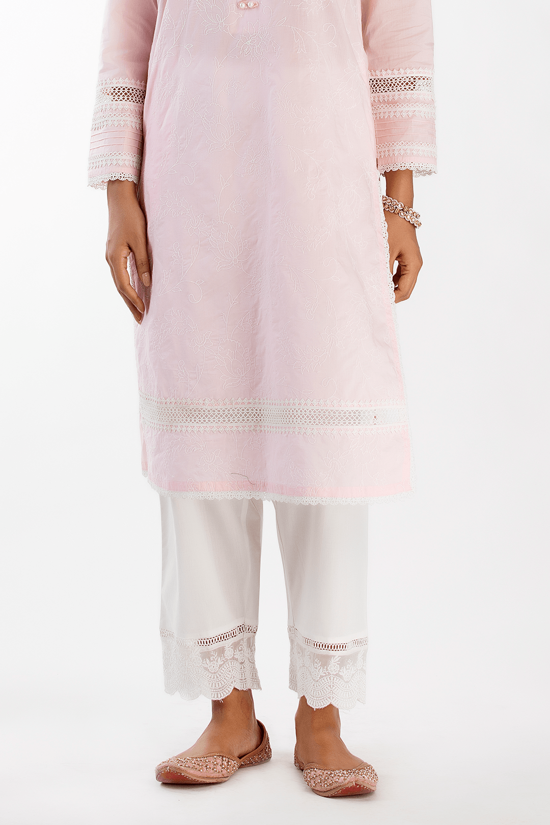 Mulmul Cotton Twilight Pink Kurta With Floral Organza White Pant