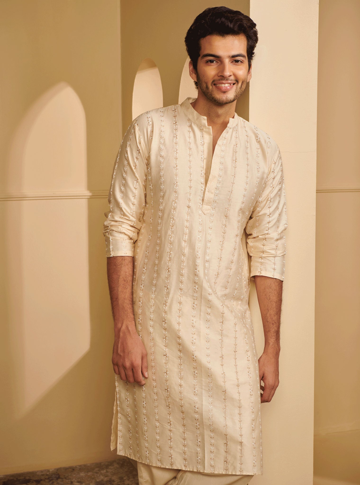 Mulmul Pima Satin Sol Off White Kurta With Sol Off White Pyajama