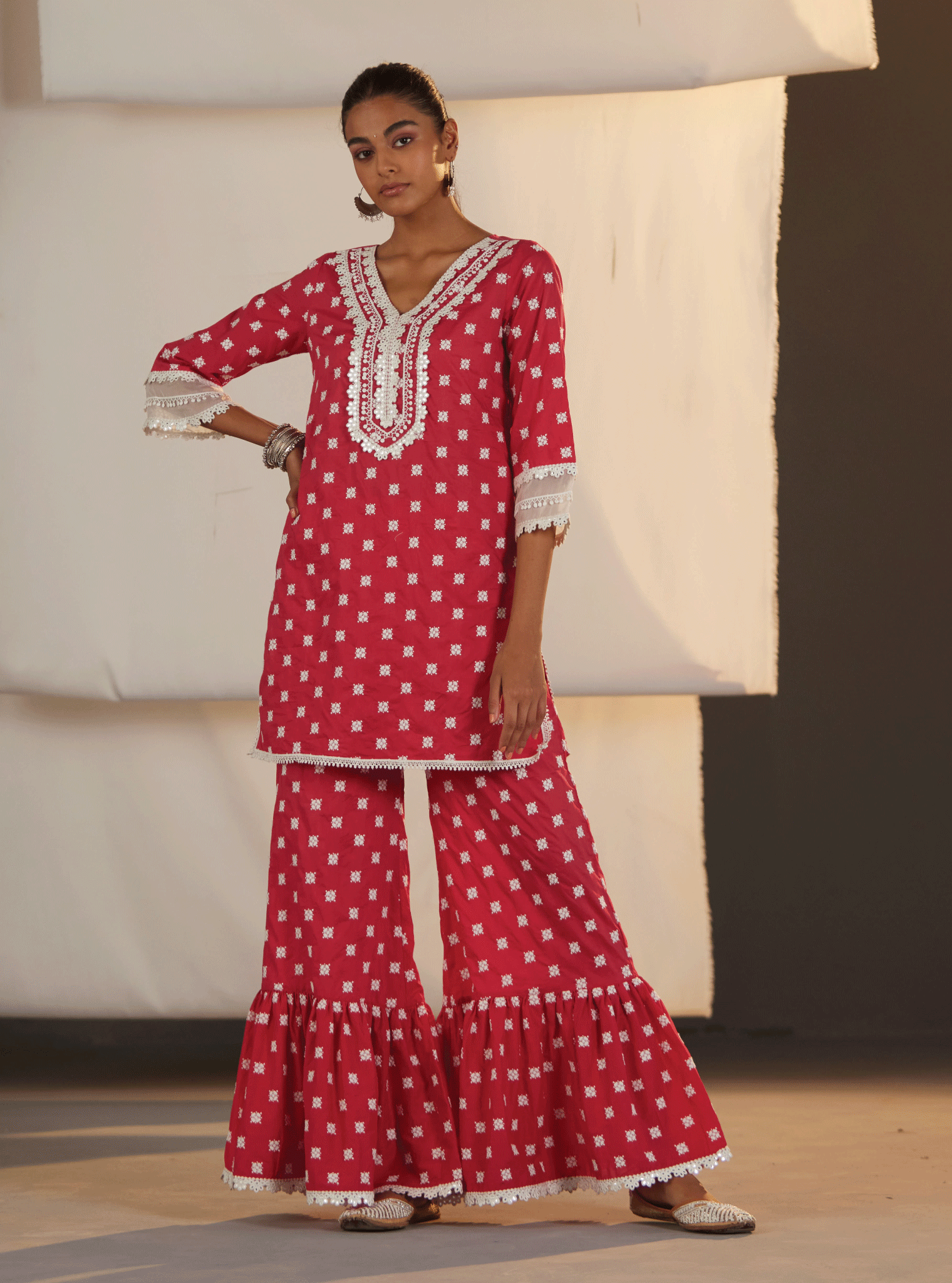 Mulmul Cotton Adaline Red Kurta With Adaline Red Garara