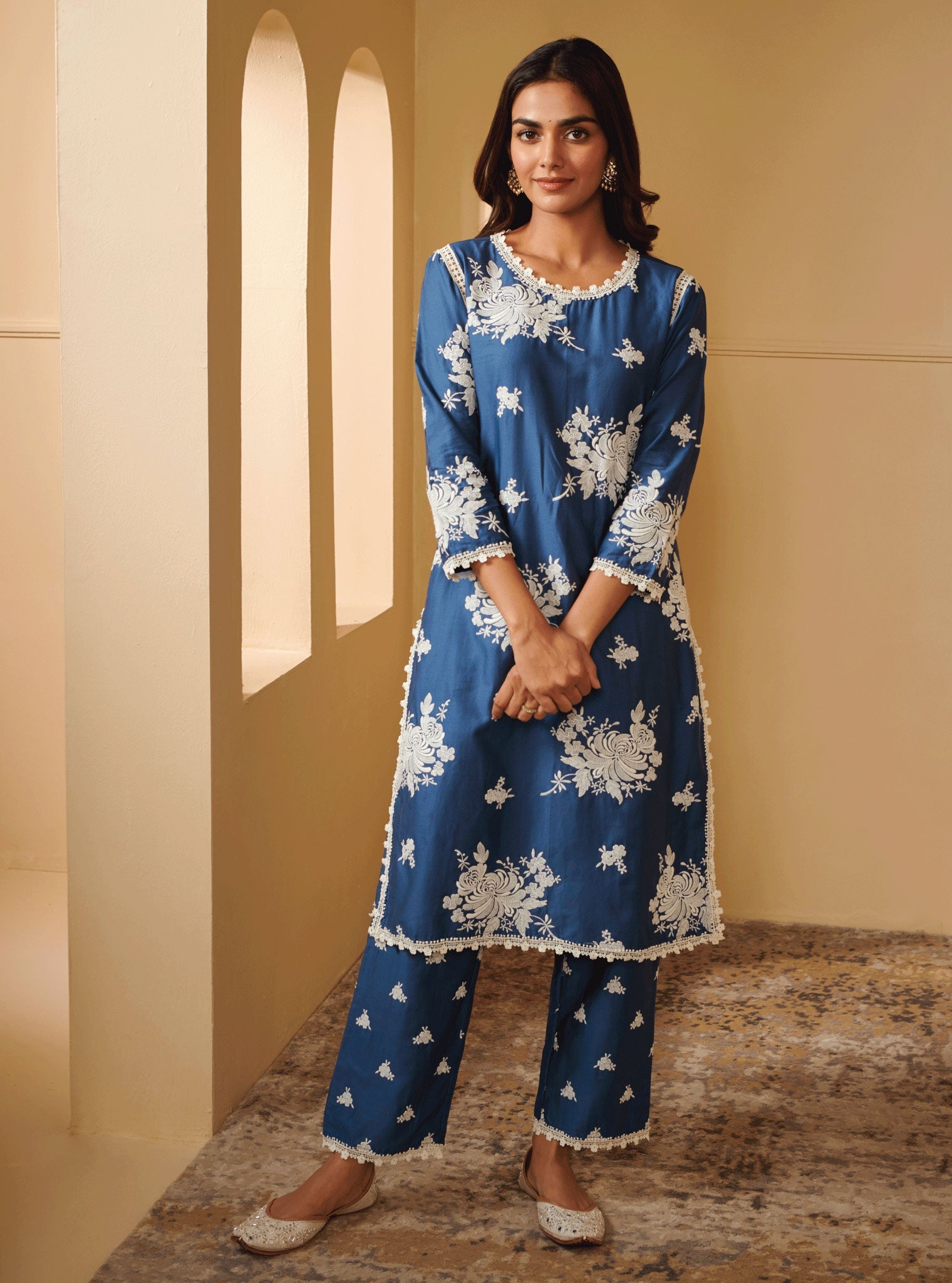 Mulmul Pima Satin Sutlej Navy Kurta With Sutlej Navy Pant