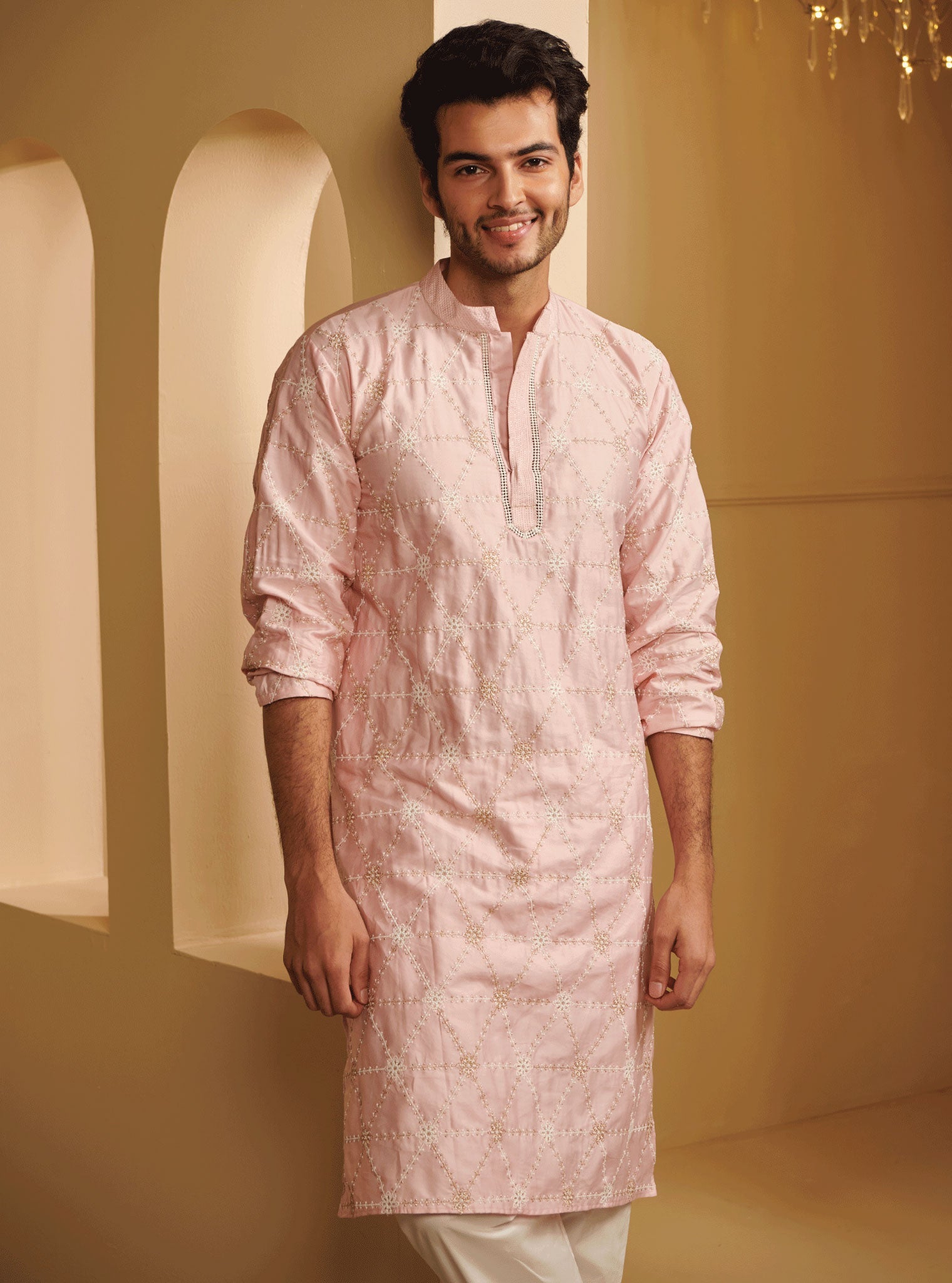 Mulmul Pima Satin Vara Pink Kurta With Mulmul Cotton Vara White Pyajama