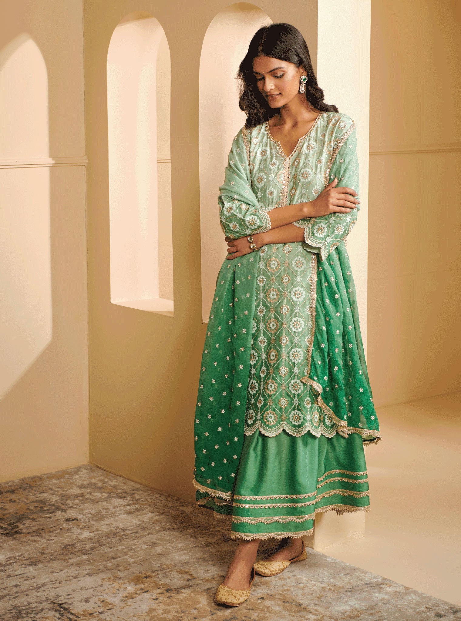 Mulmul Cupro Silk Avisa Green Kurta With Avisa Green Skirt