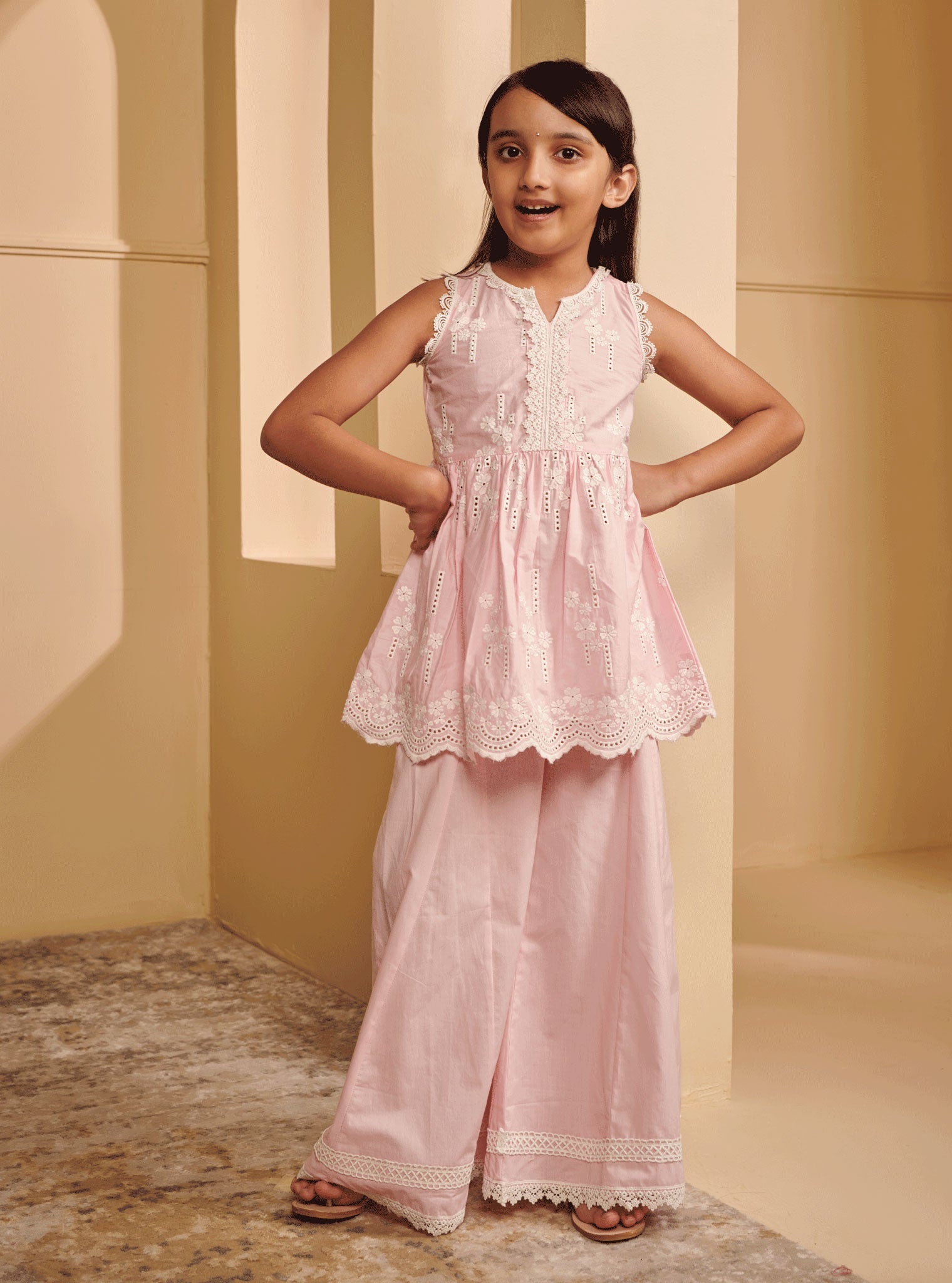 Mulmul Cotton Ming Pink Kurta With Ming Pink Sharara