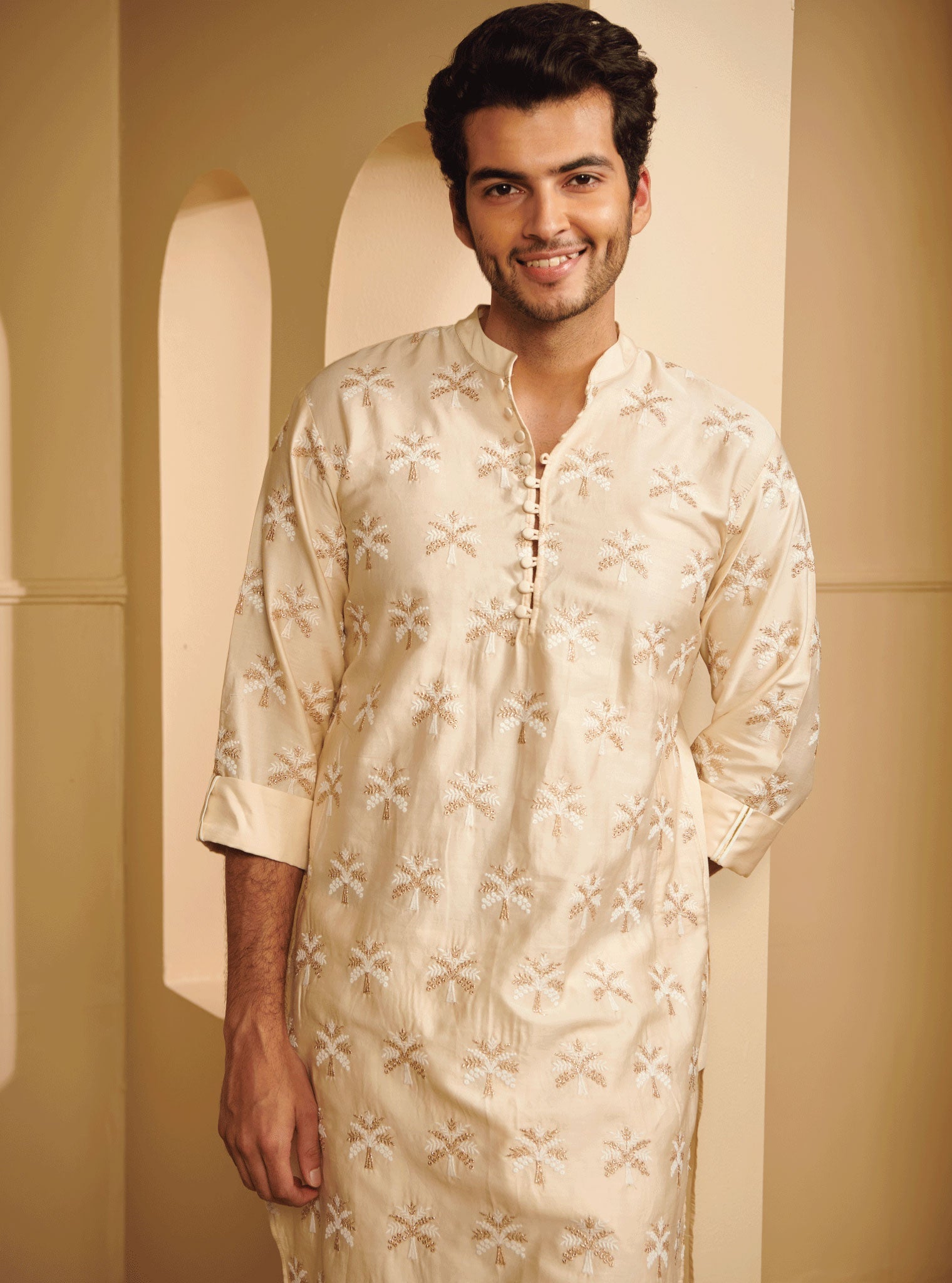 Mulmul Pima Satin Neo Off White Kurta With Mulmul Pima Satin Neo Off White Pyajama