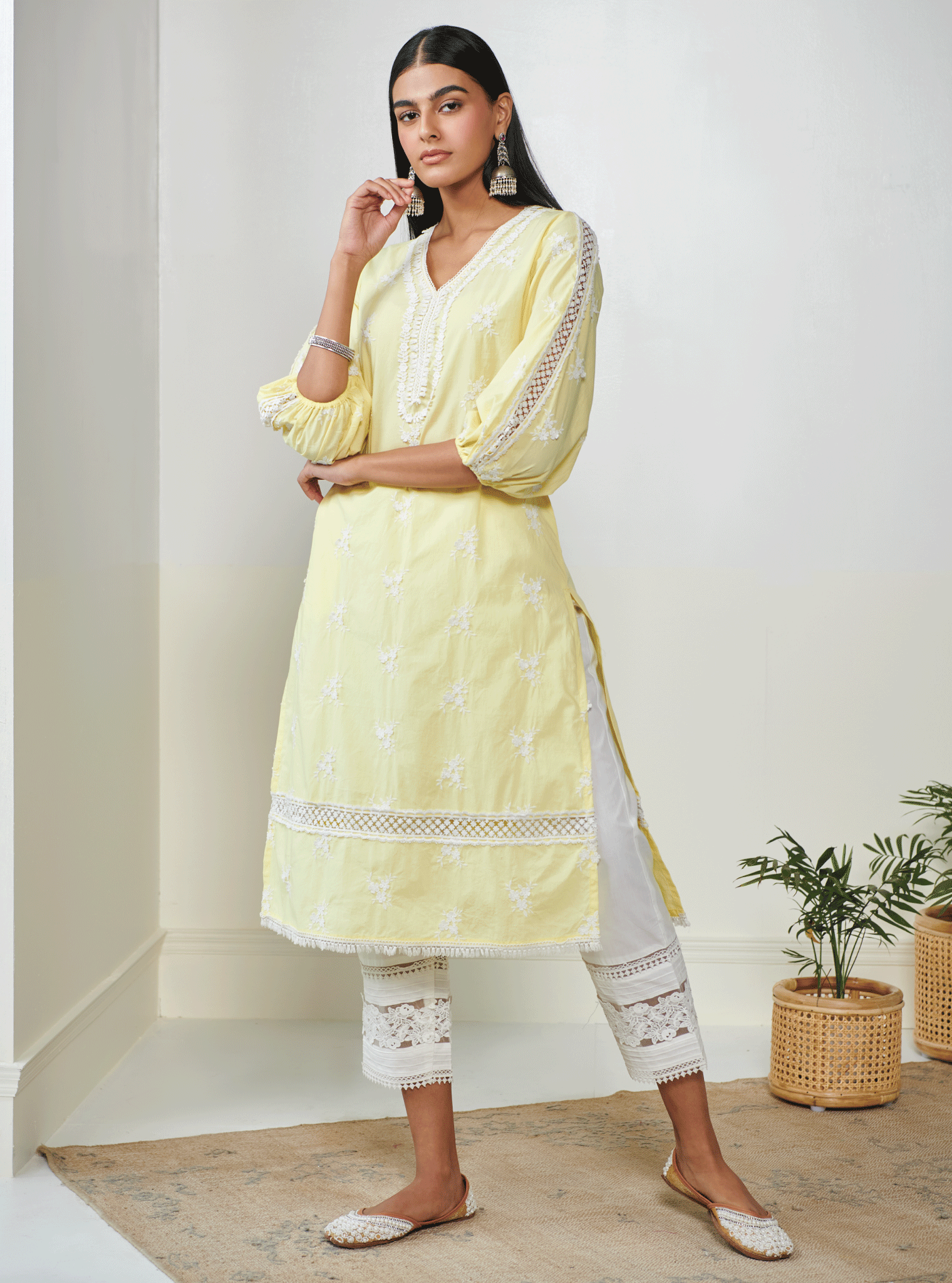 Mulmul Cotton Shane Yellow Kurta With Mulmul Cotton New Pintuck White Pant