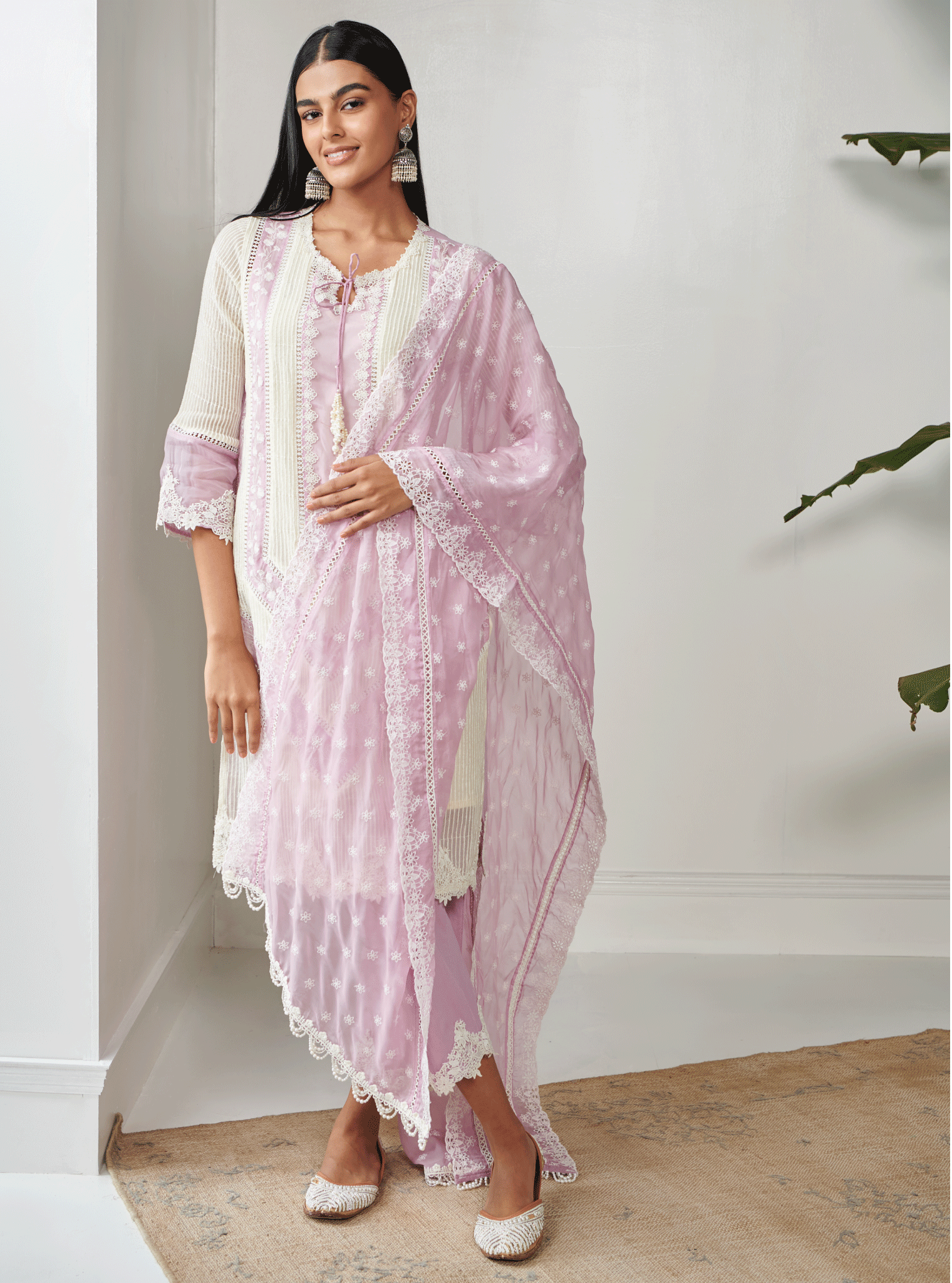 Mulmul Organza Gillian Lilac Kurta With Cotton Gillian Lilac Pant