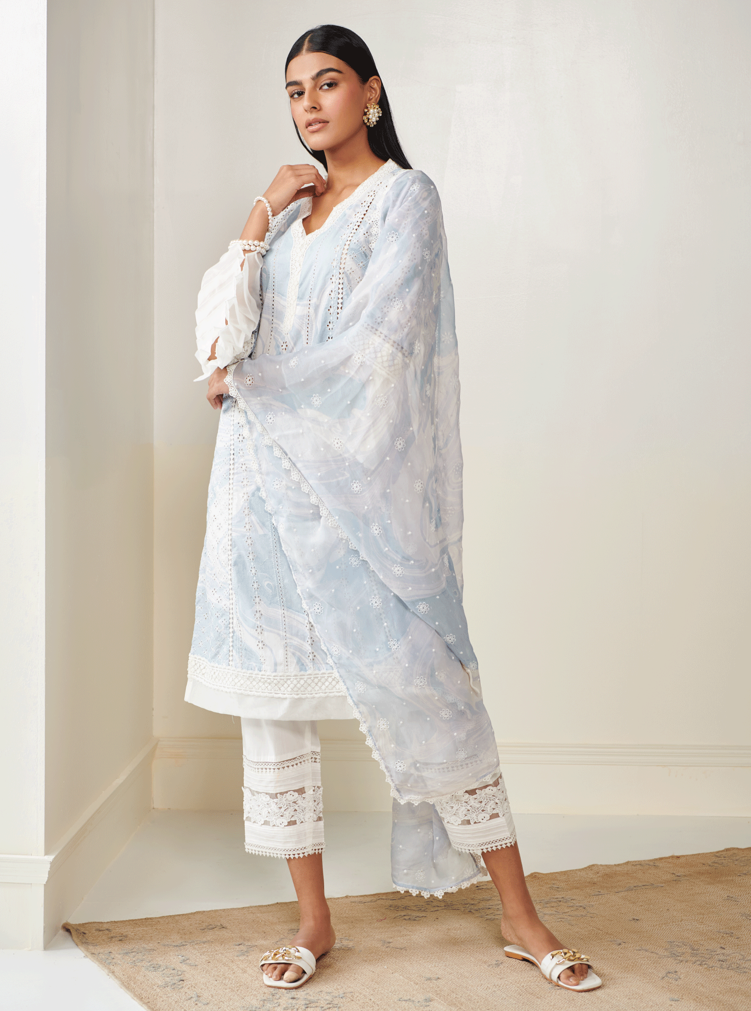 Mulmul Cotton Ollin Blue Kurta With Mulmul Cotton New Pintuck White Pant