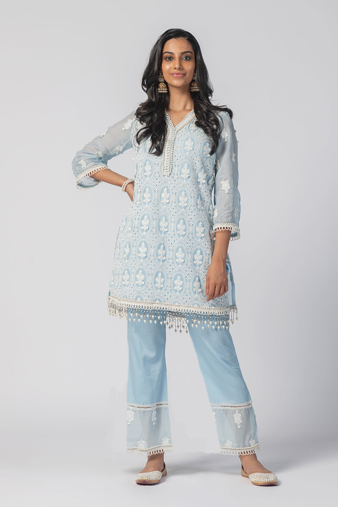 Mulmul Tencel Luxe Organza Savannah Kurta Blue With New Savannah Blue Pant