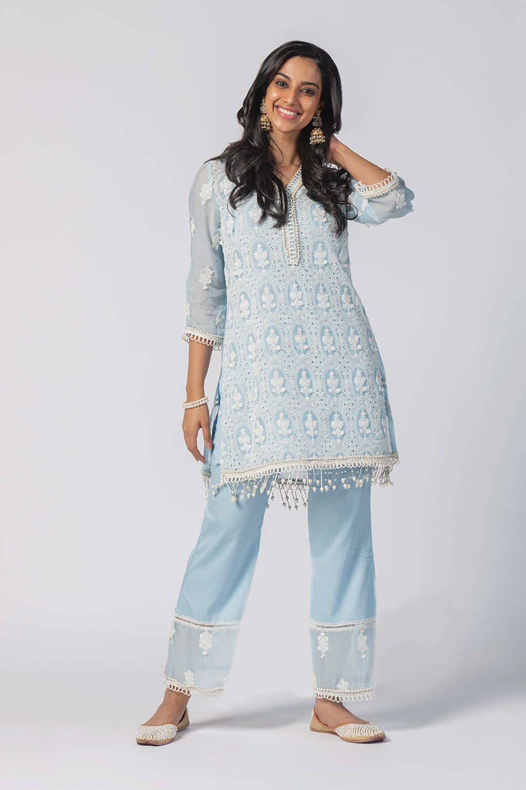 Mulmul Tencel Luxe Organza Savannah Kurta Blue With New Savannah Blue Pant