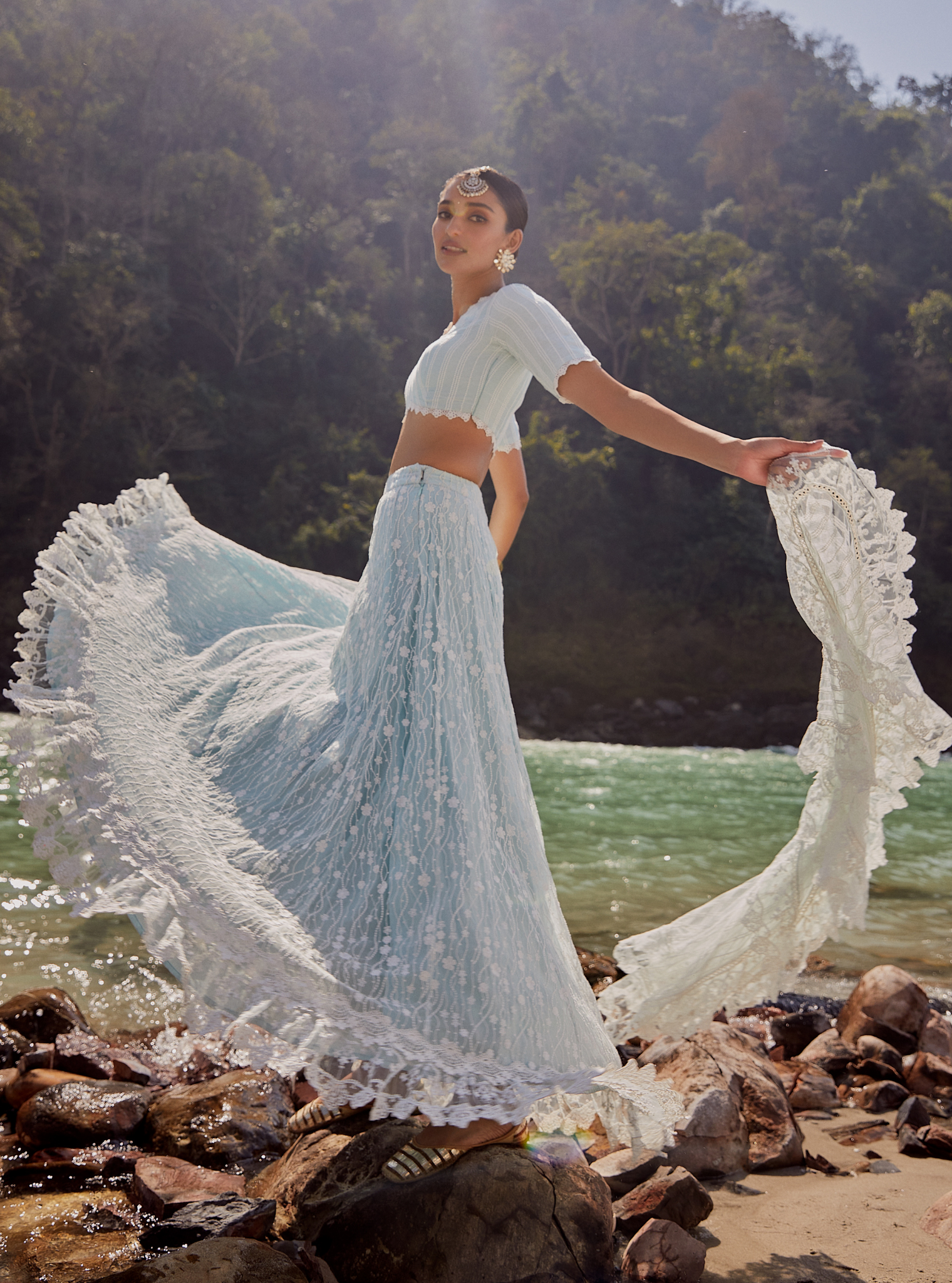 Mulmul Kasauli Blue Net Lehenga