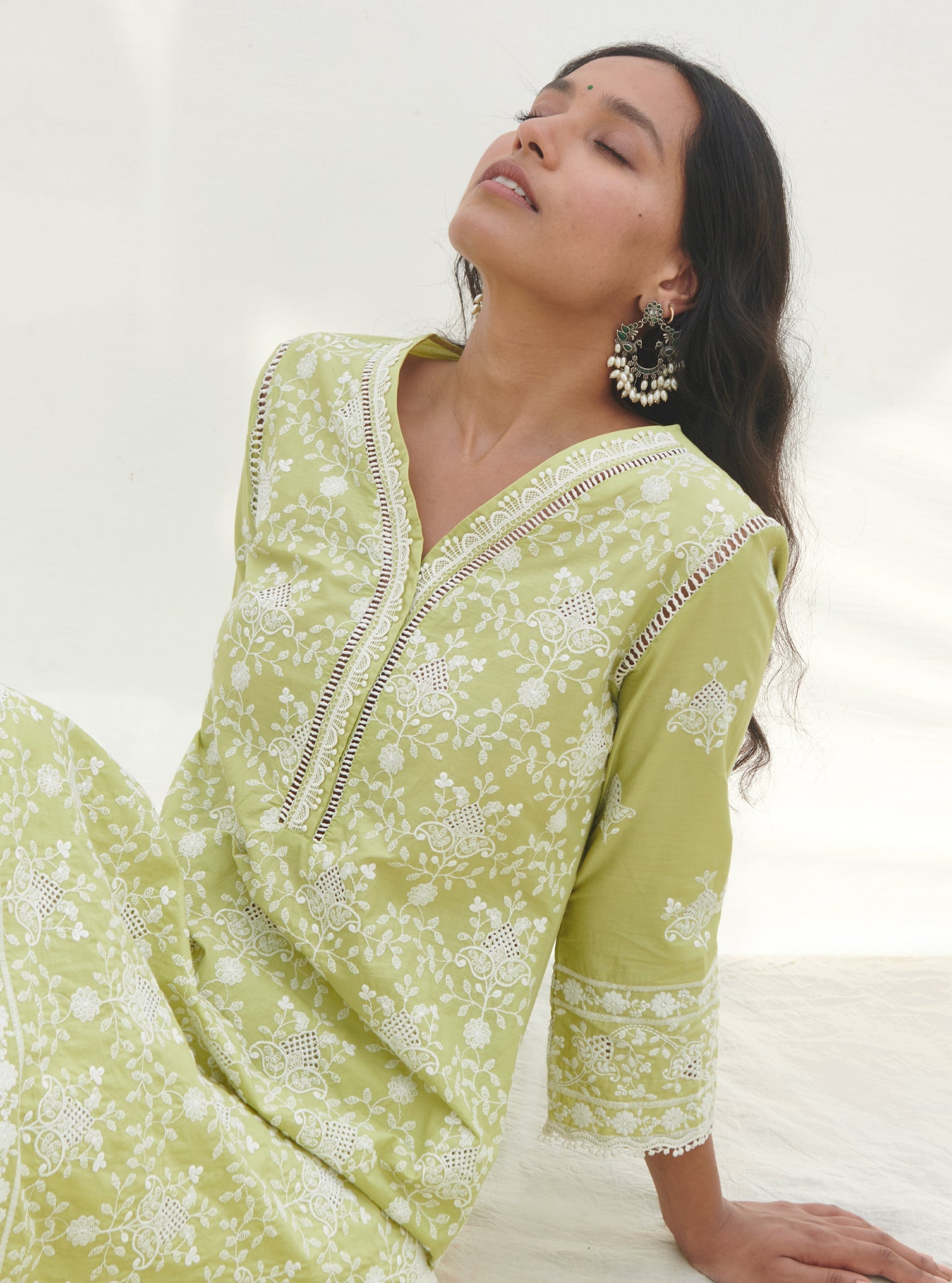 Mulmul Cotton Verla Lime Kurta With Mulmul Cotton Verla White Pant