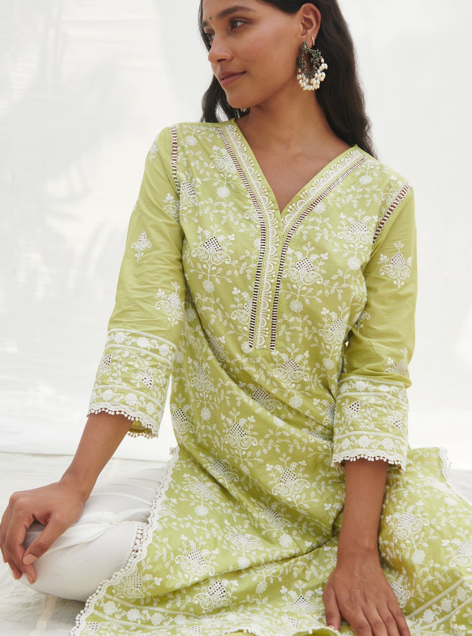 Mulmul Cotton Verla Lime kurta