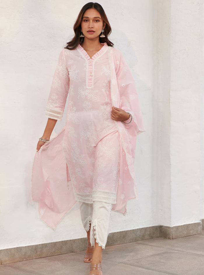 Mulmul Cotton Verlem pink kurta