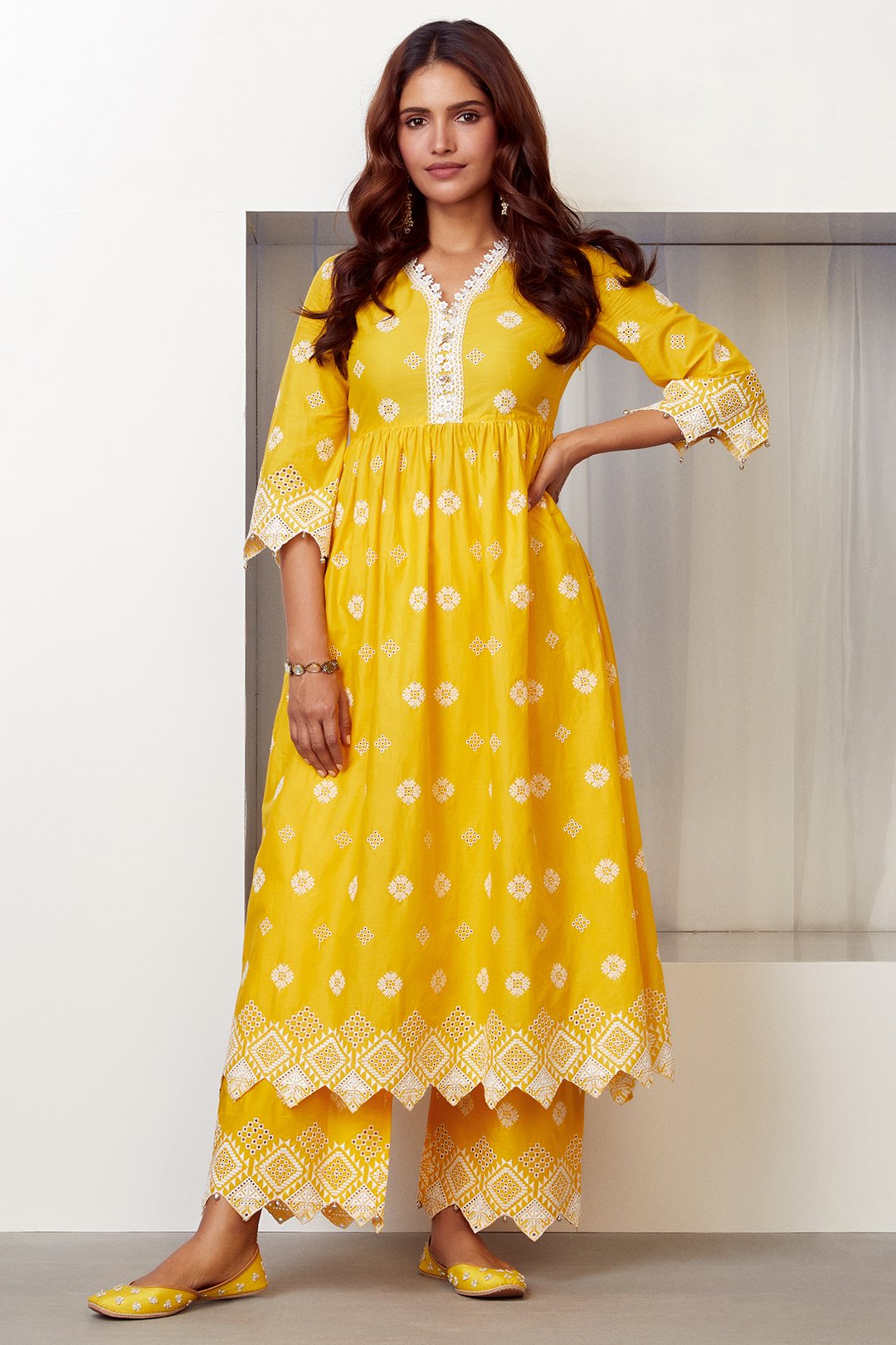 Mulmul Cotton Warm Glow Mango Kurta With Warm Glow Mango Palazzo