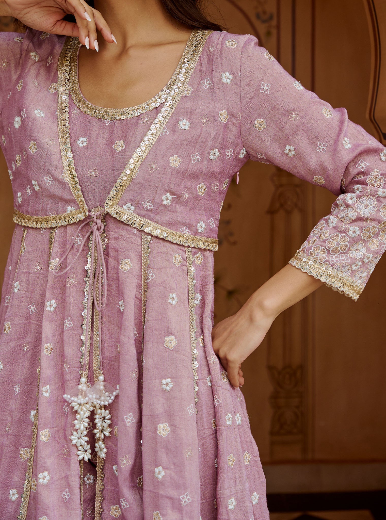 Mulmul Tissue Satin Sajeya Lilac Anarkali Kurta with Mulmul Luxe Tissue Satin Sajeya Lilac Dhoti Pant